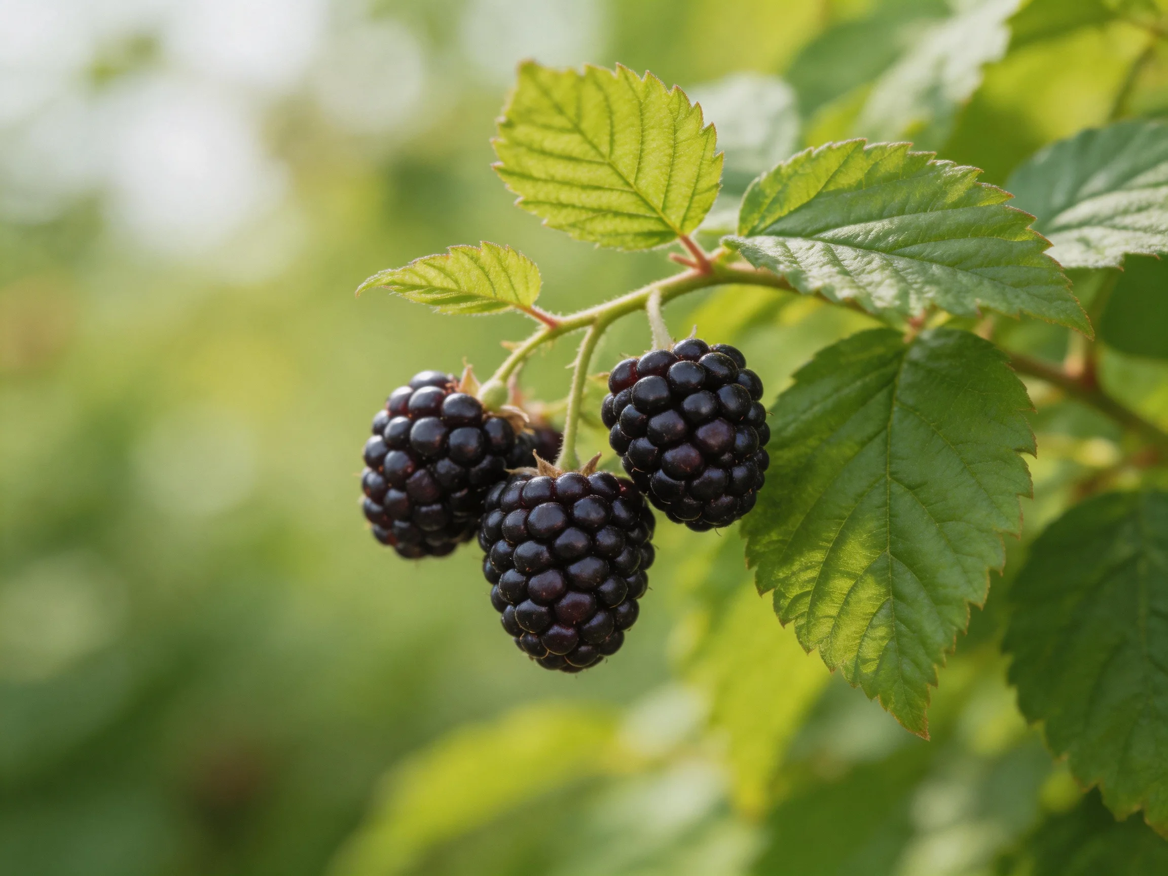 Three plump dark purple berries hang from a leafy branch
