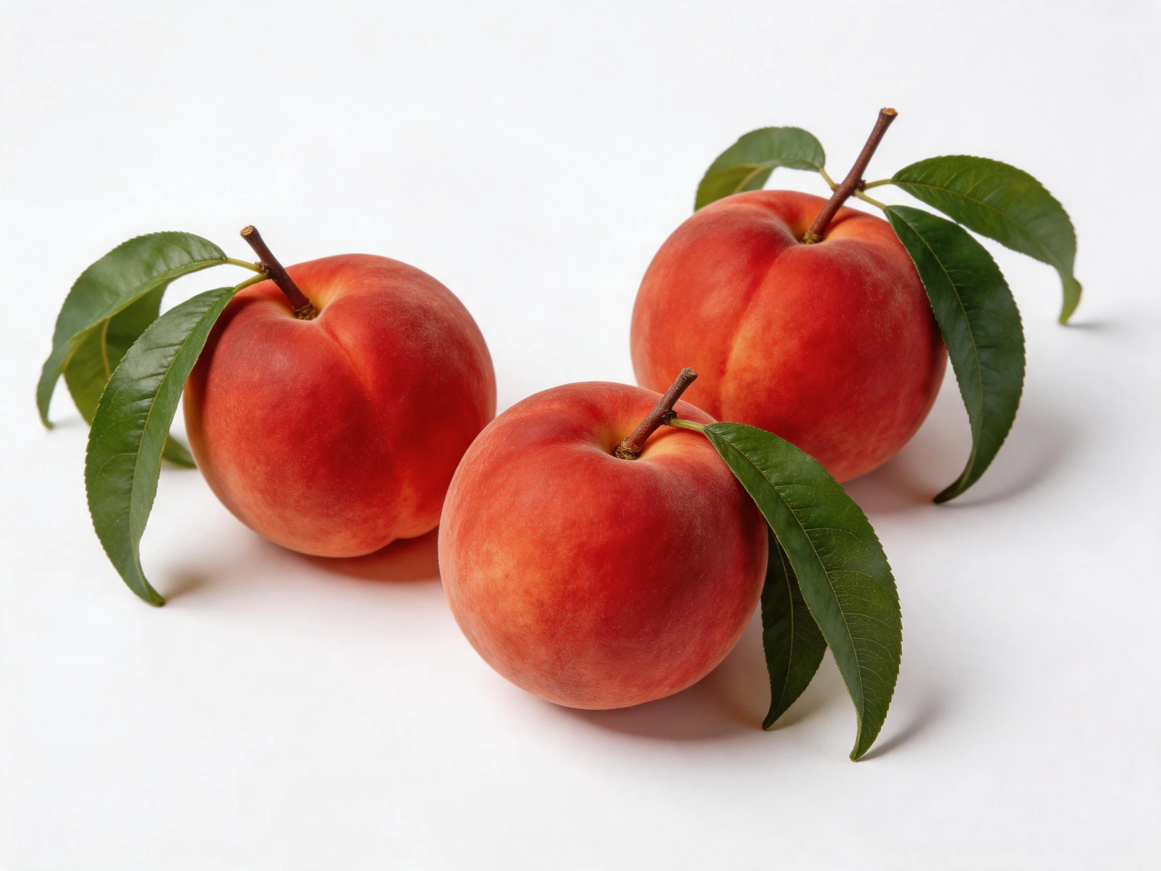 Three plump red peaches with fresh green leaves arranged