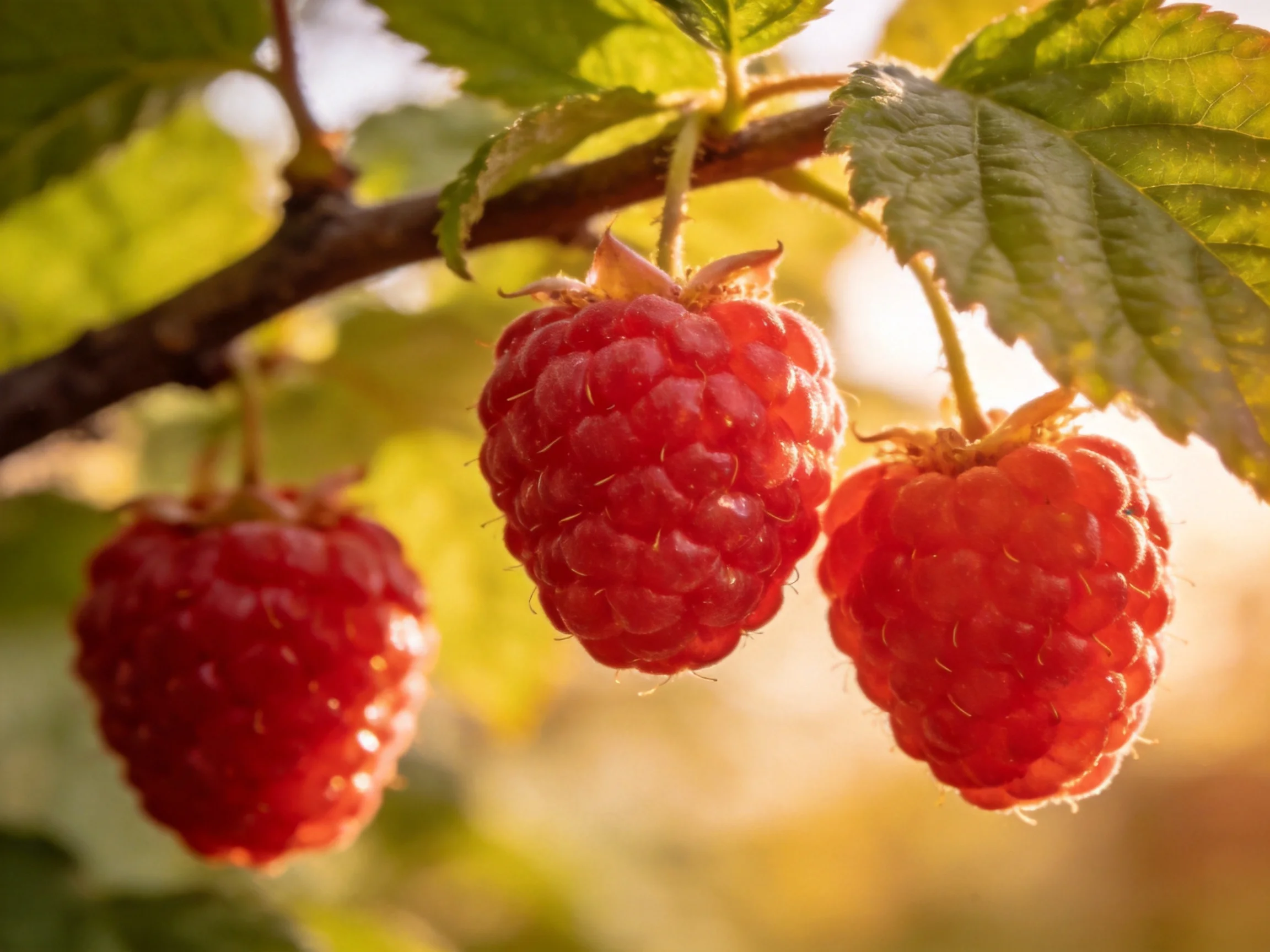 Three plump red raspberries hang from a leafy branch