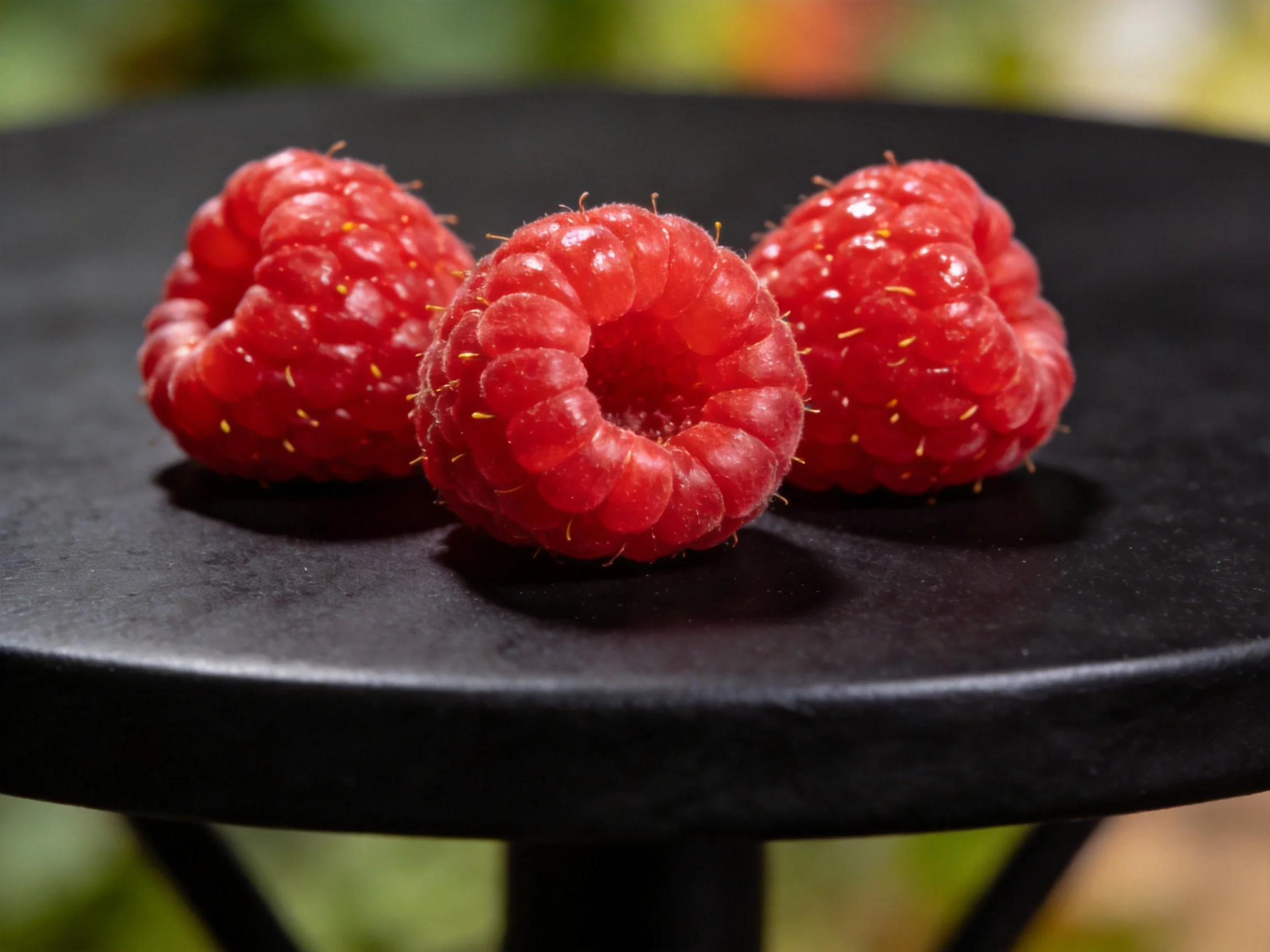 Three plump red raspberries on a glossy black surface