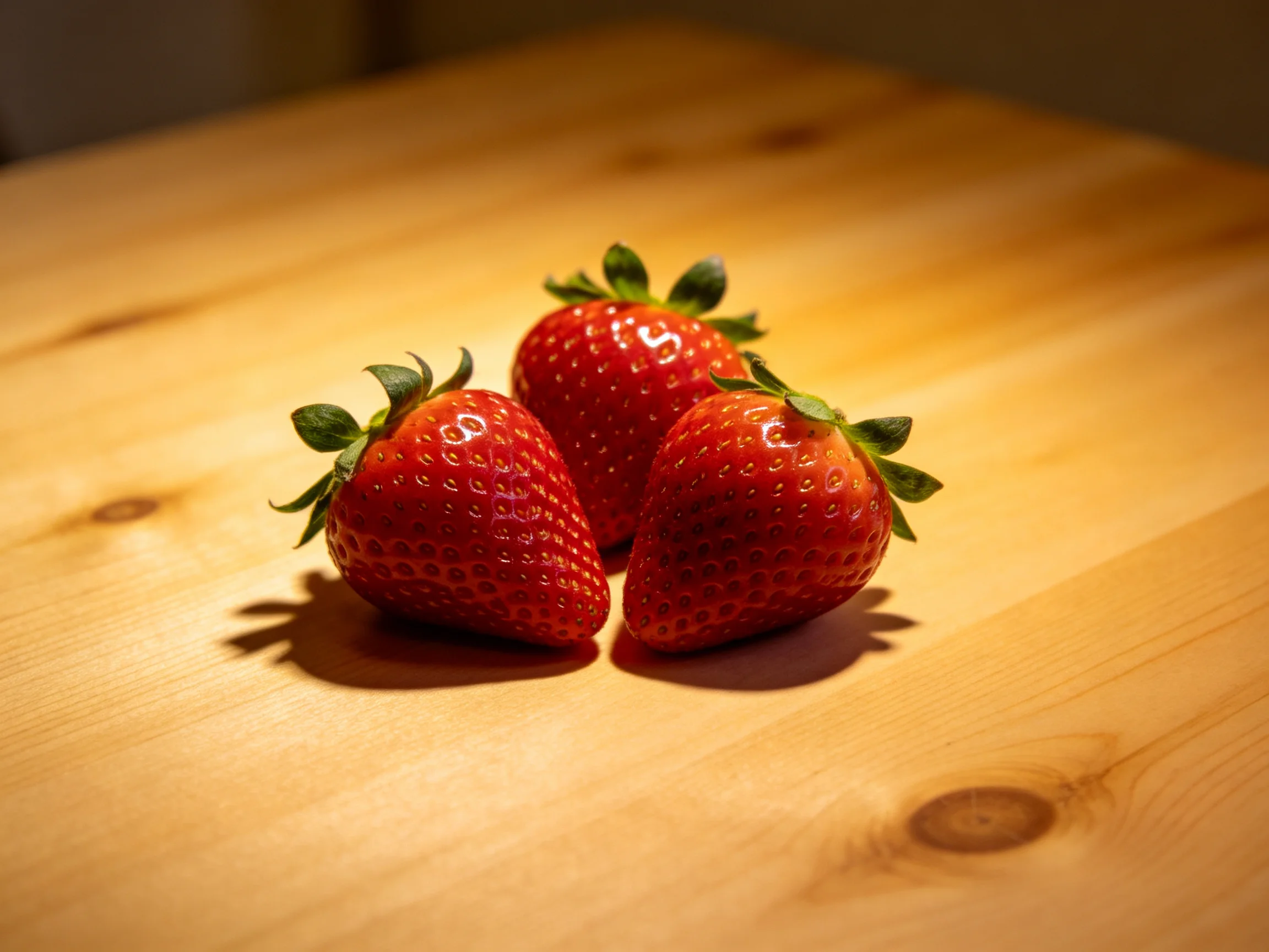 Three plump red strawberries arranged on a polished wooden surface