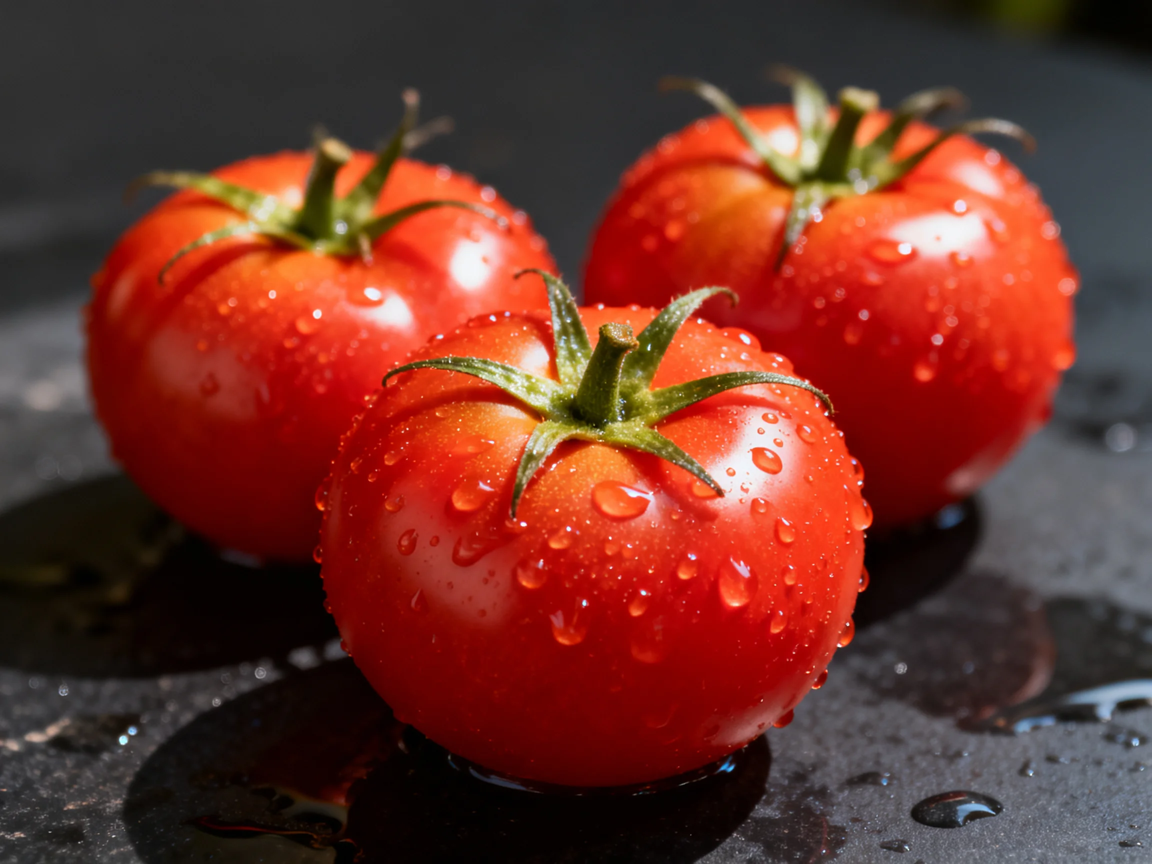 Three plump red tomatoes glisten with water droplets on a dark surface.