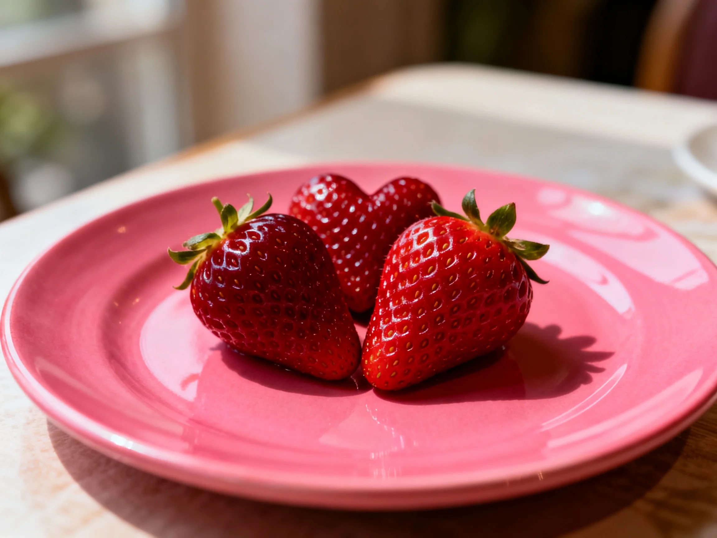 Three plump strawberries on a glossy pink ceramic plate
