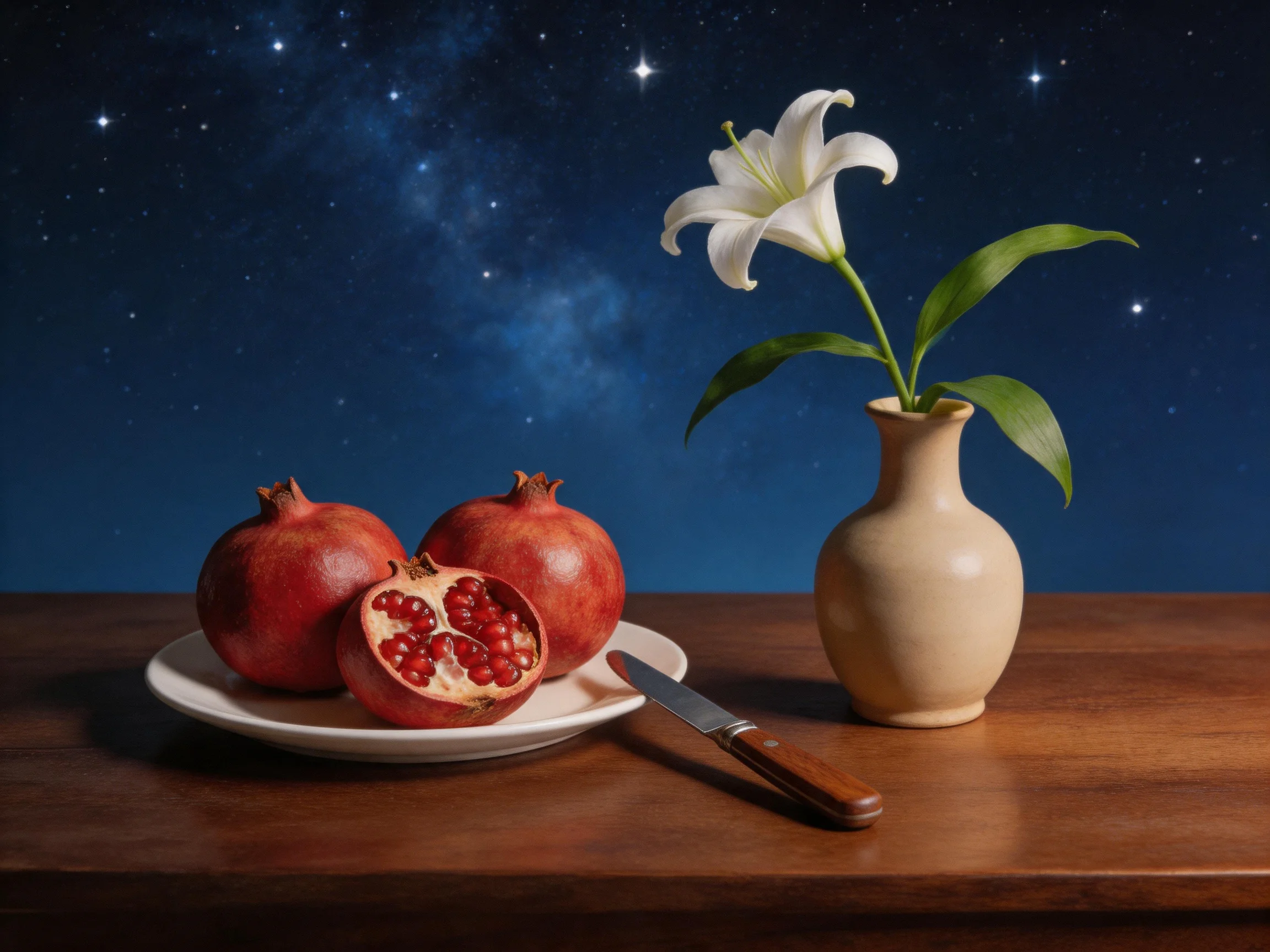 Three pomegranates, a white lily, and a vase on a wooden table with a starry night