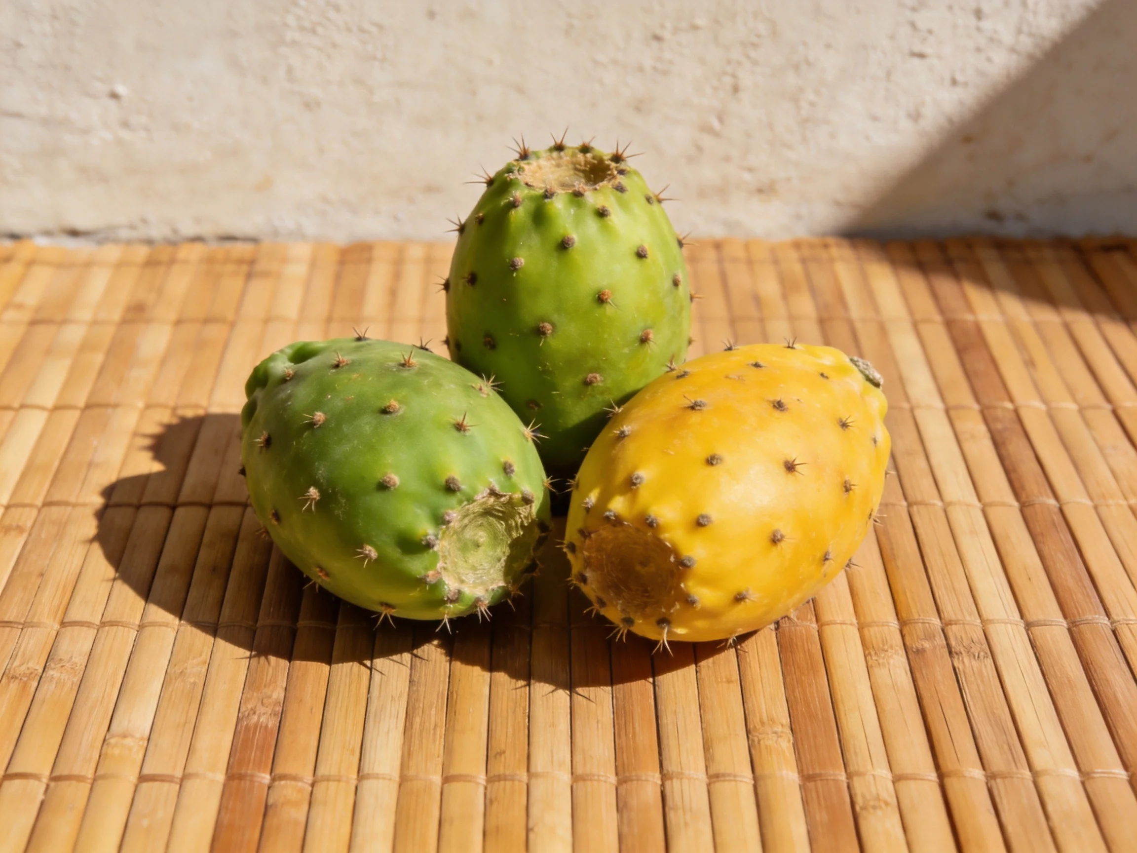 Three prickly pears in green and yellow hues rest on a bamboo mat
