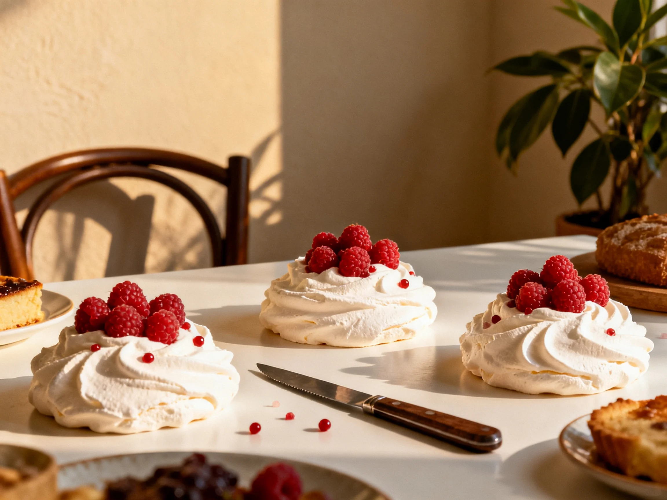 Three raspberry-topped pavlovas on a sunlit dining table with pastries