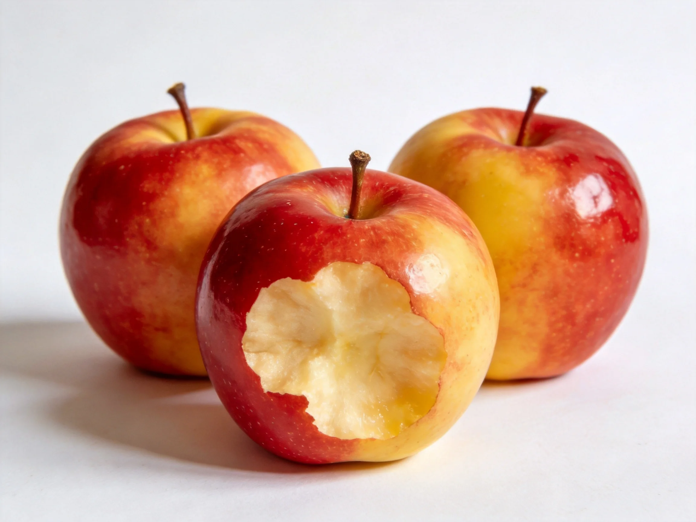 Three red and golden apples, one with a bite, arranged on a white surface