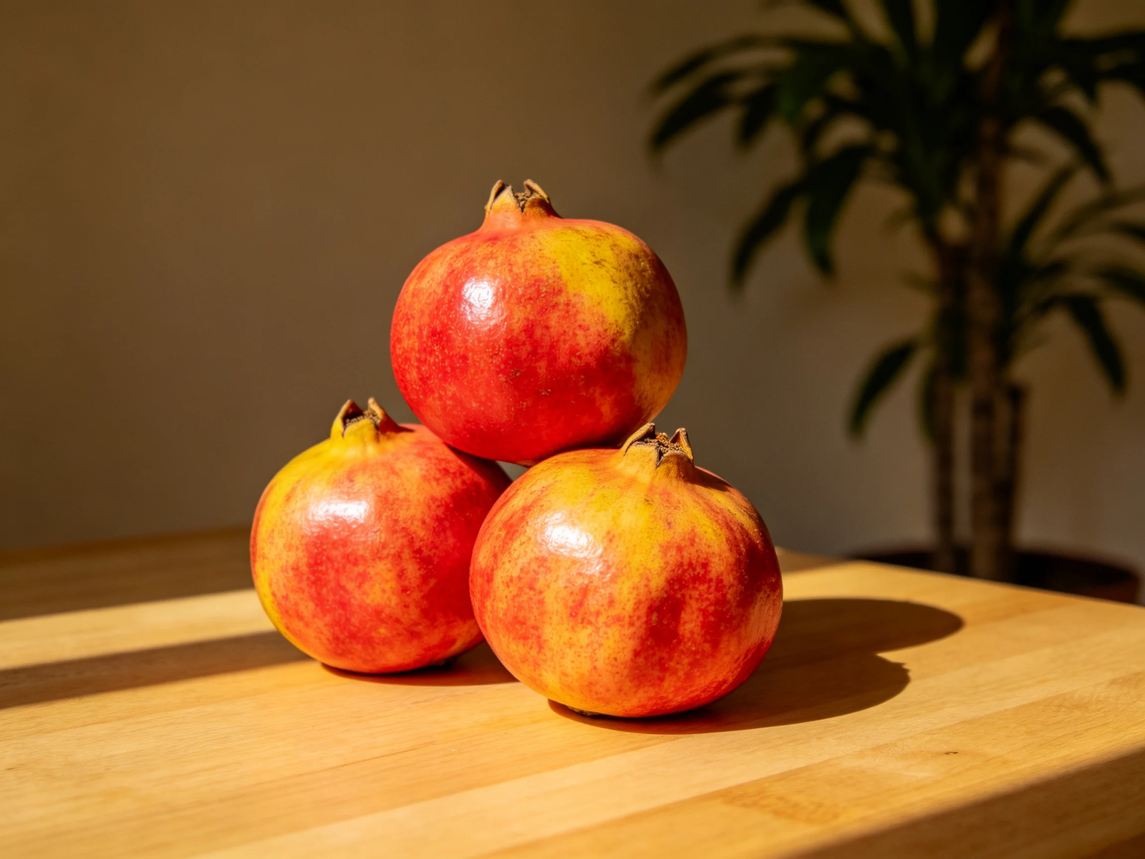 Three red and golden pomegranates stacked on a wooden table