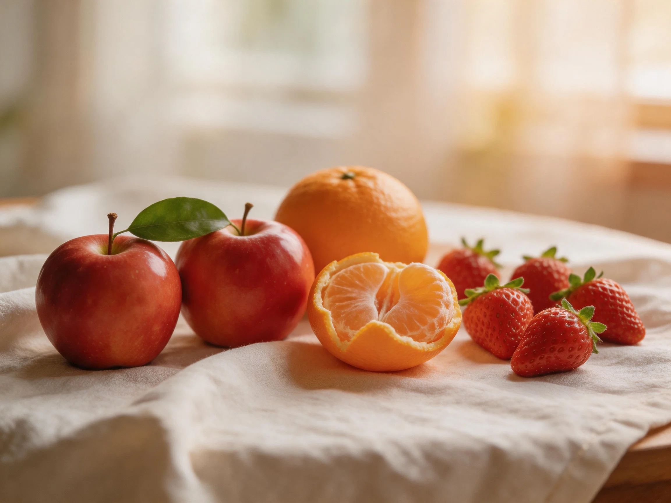 Three red apples, an orange, a peeled tangerine, and strawberries on a white cloth