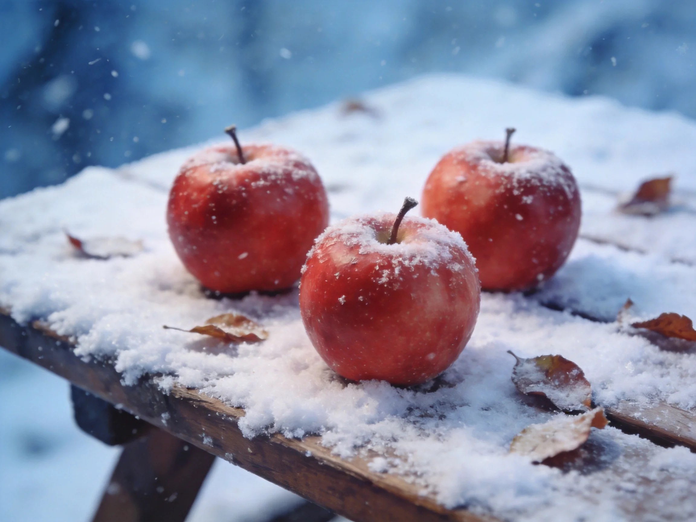 Three red apples dusted with snow sit on a wooden table