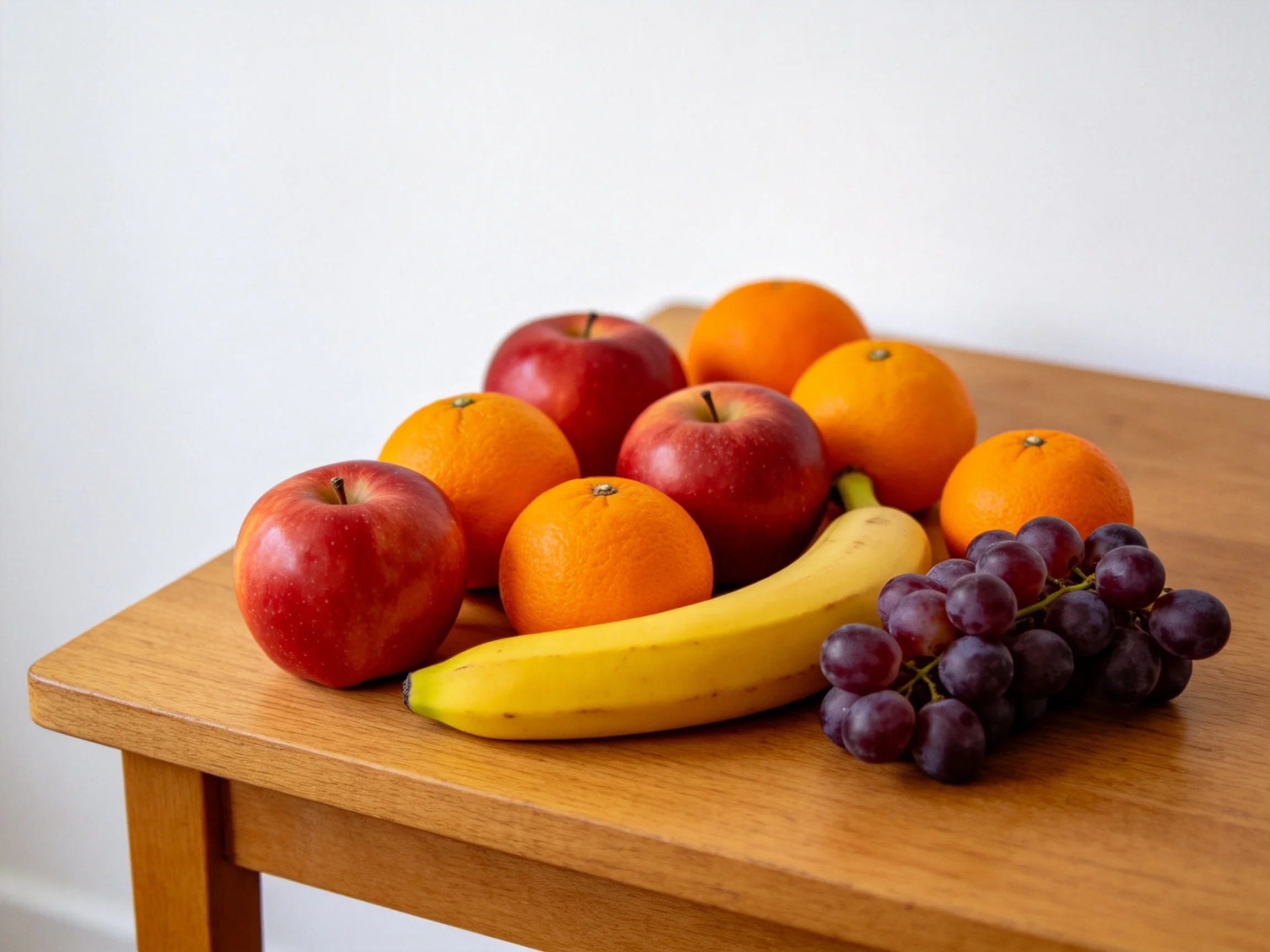 Three red apples, four oranges, a banana, and purple grapes on a wooden table