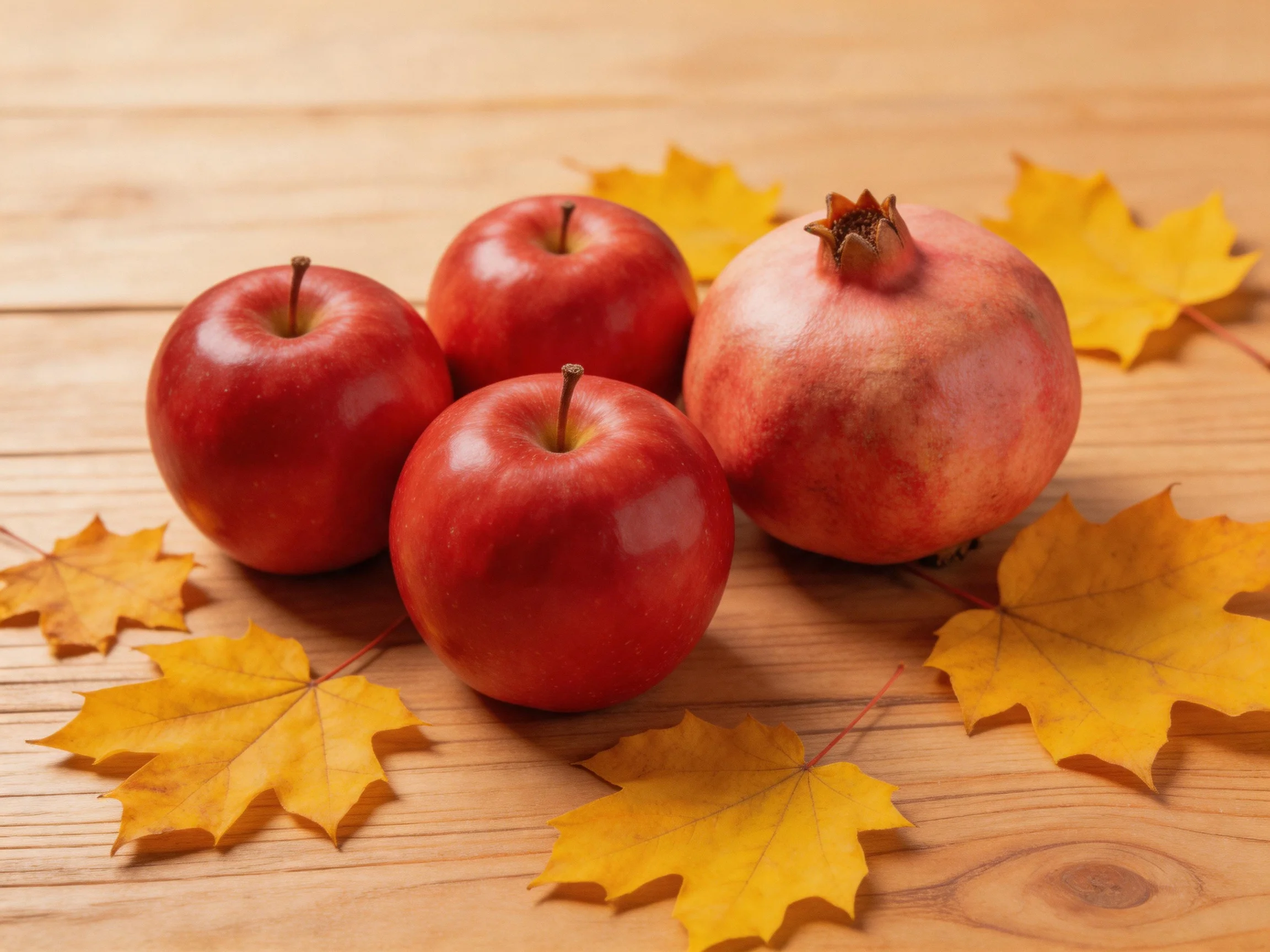Three red apples, one pomegranate, and yellow autumn leaves on a wooden table
