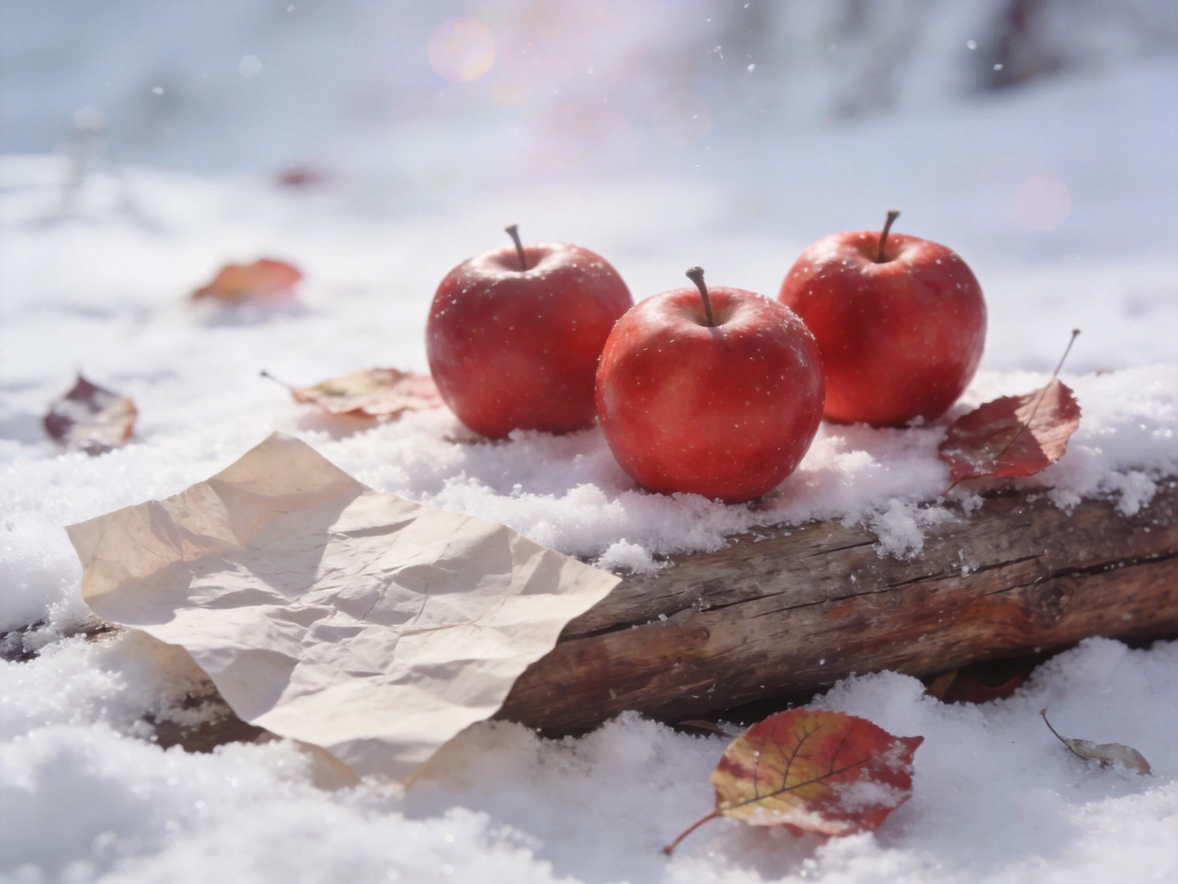 Three red apples sit on a snowy wooden log with autumn leaves