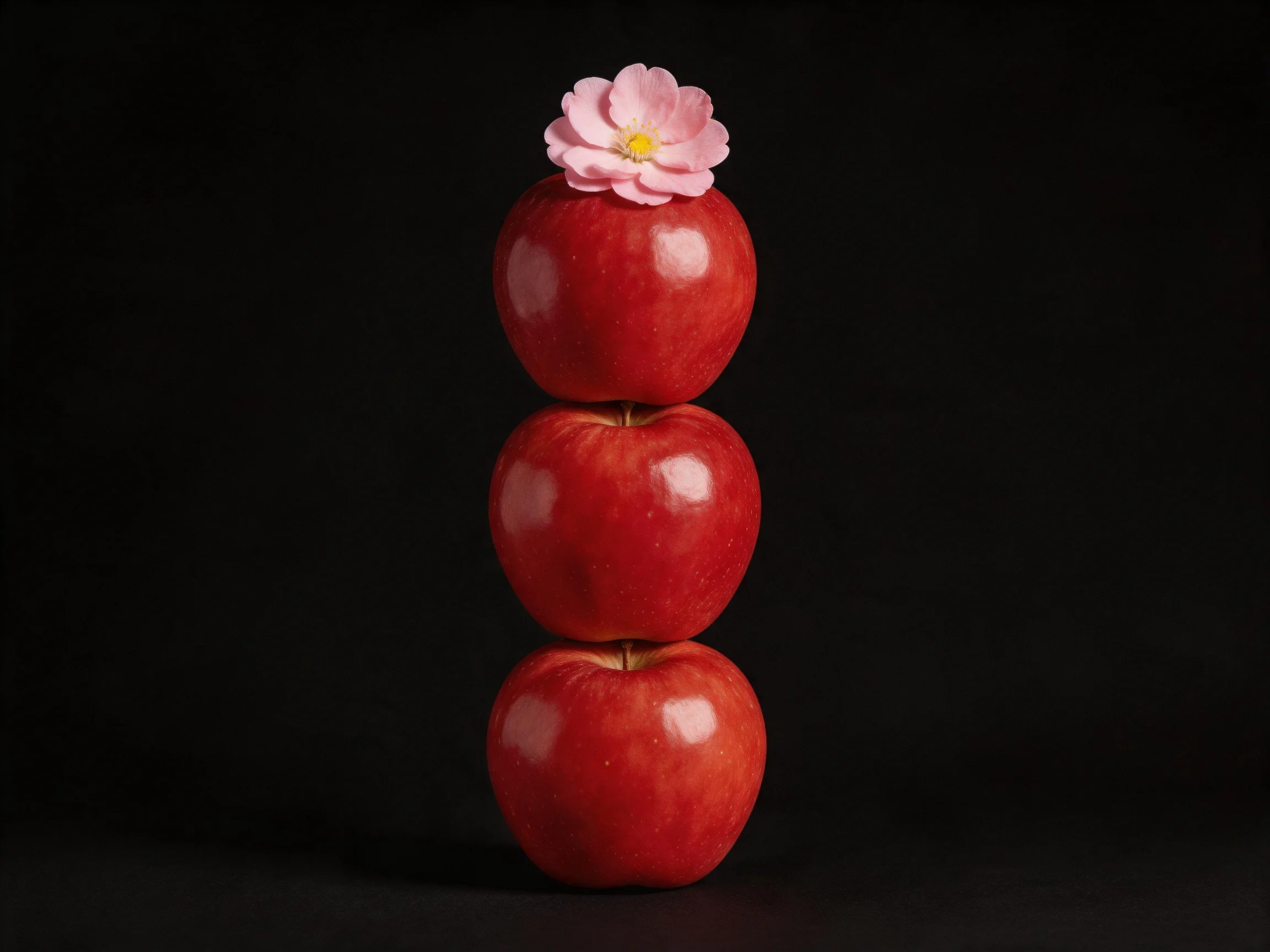 Three red apples stacked vertically with a pink flower on top