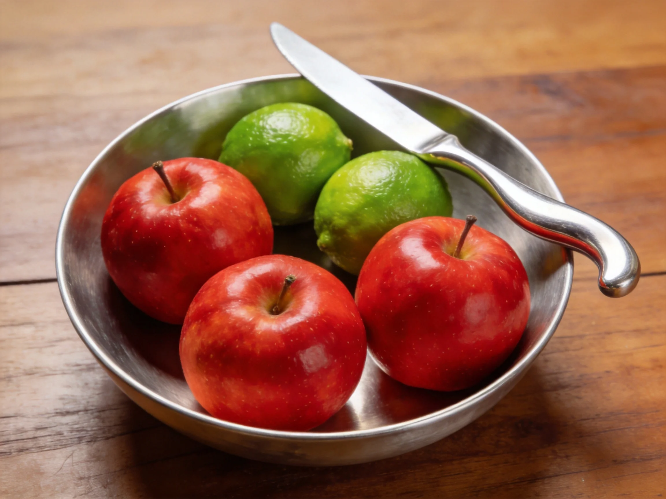 Three red apples, two green limes, and a silver knife in a metallic bowl
