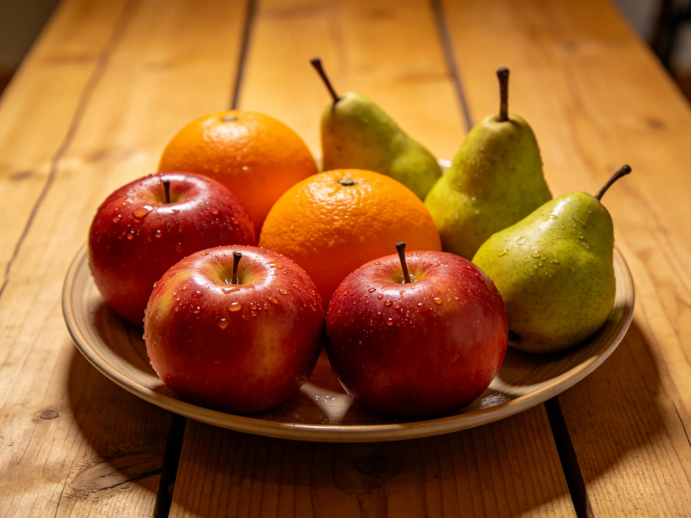 Three red apples, two oranges, three green pears arranged on a wooden table