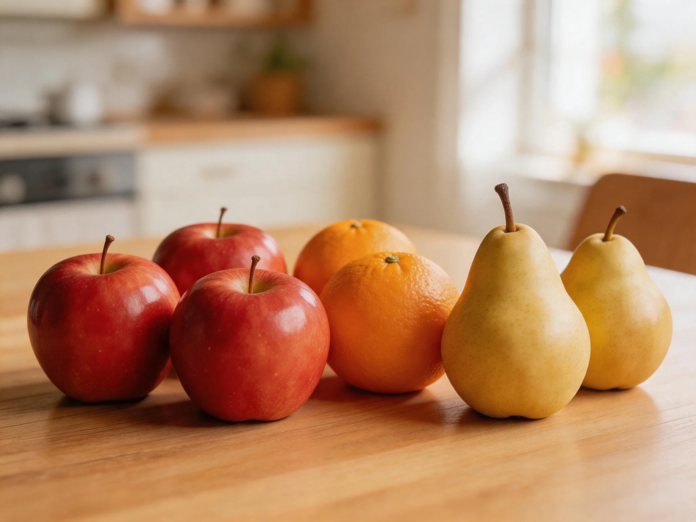 Three red apples, two oranges, two pears on a wooden table