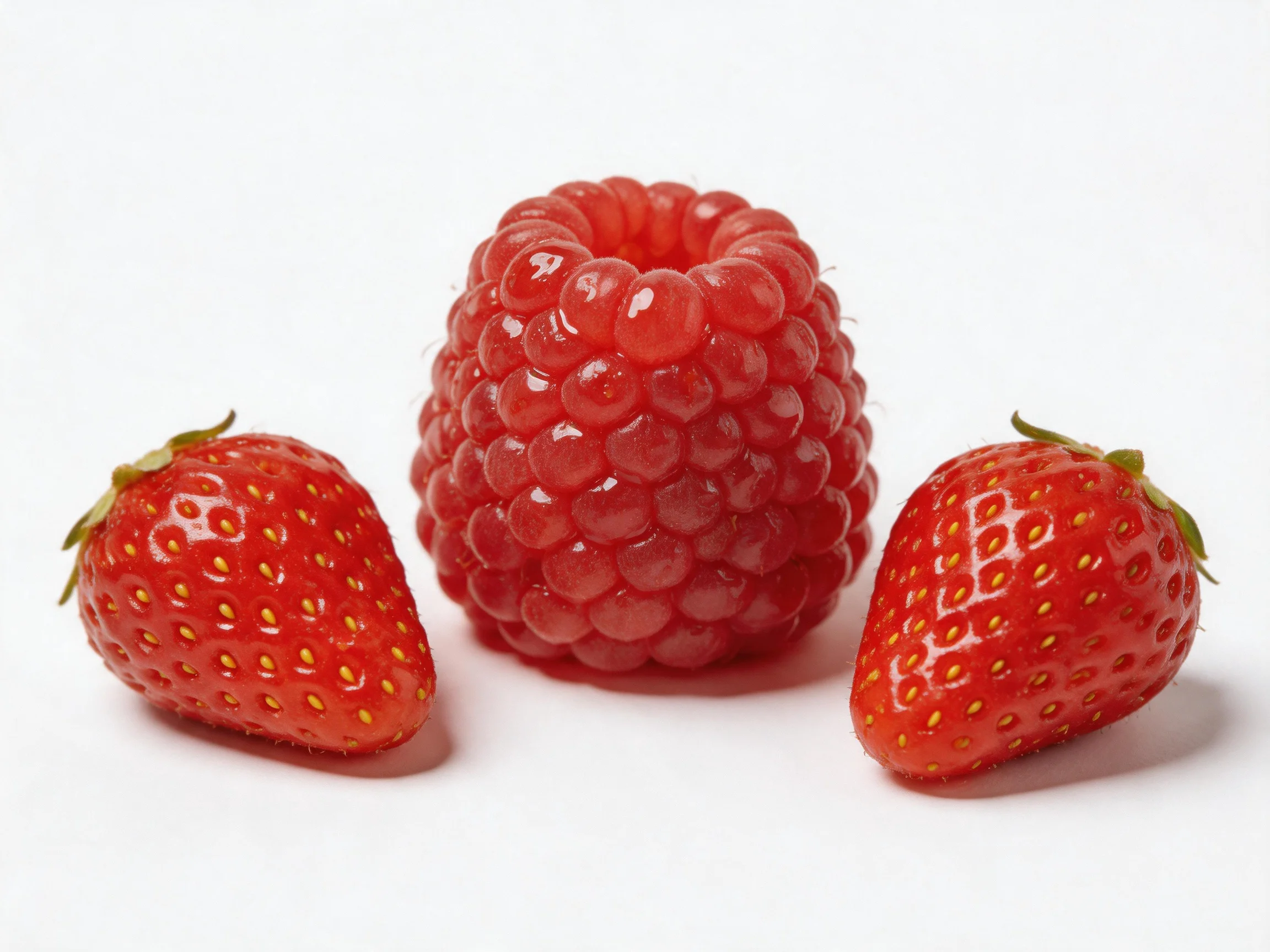 Three red berries—two strawberries, one raspberry
