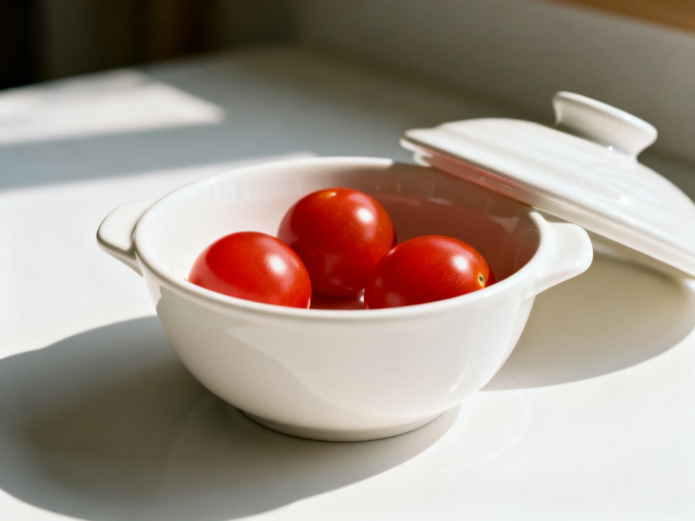 Three red cherry tomatoes in an open white ceramic dish