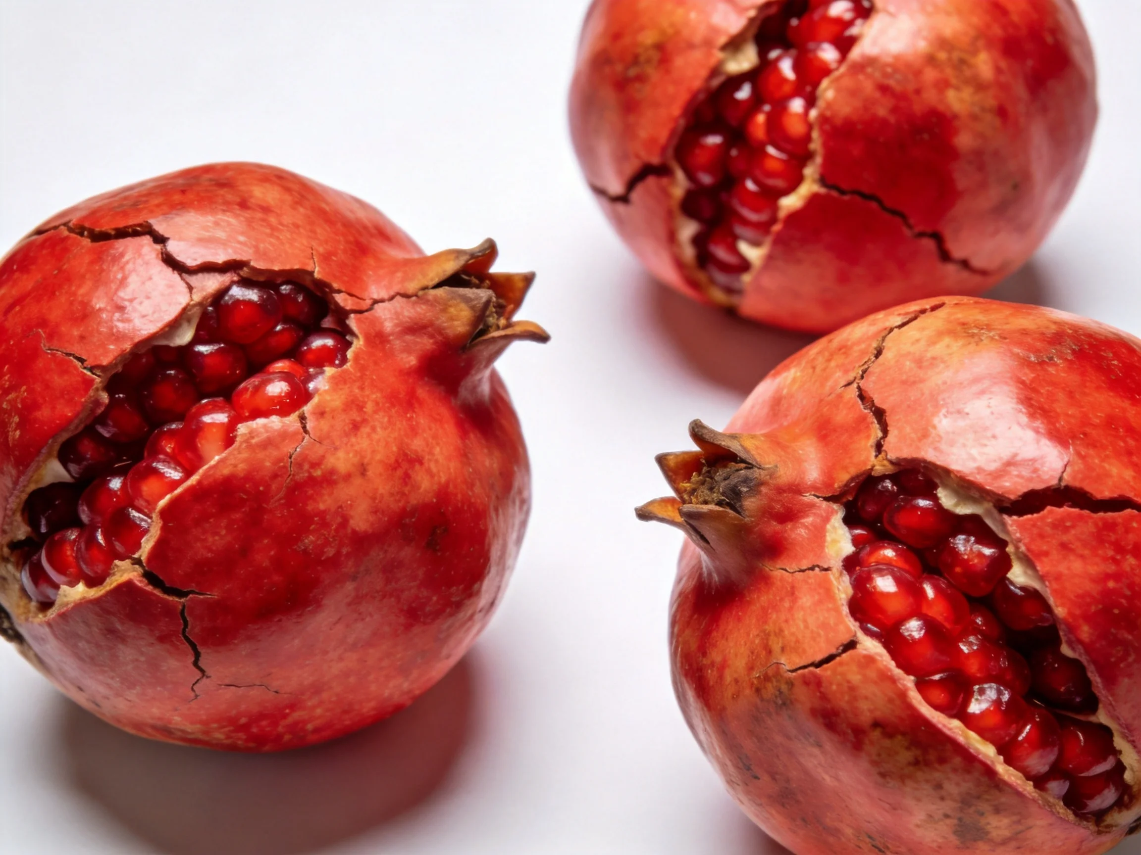 Three red pomegranates with cracked skins and exposed seeds