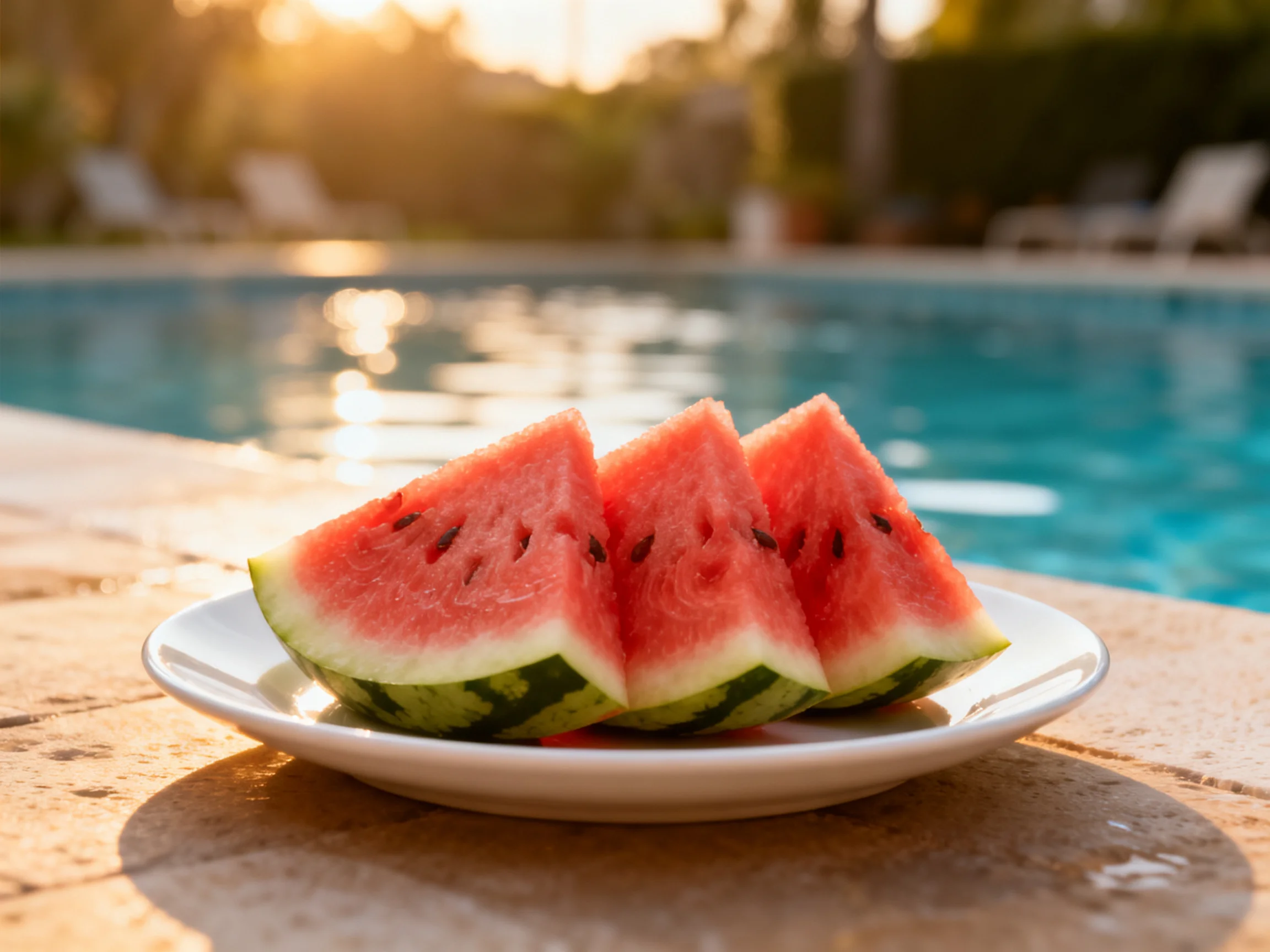 Three red watermelon slices on a white plate near a swimming pool