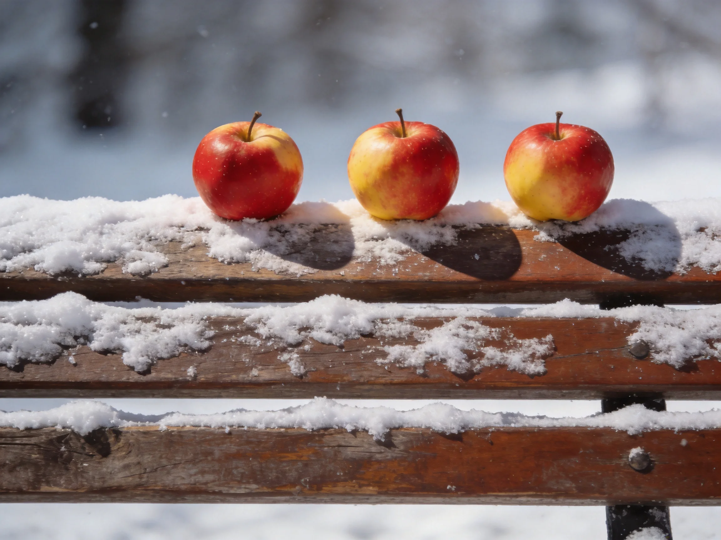 Three red-yellow apples rest on a snow-dusted wooden bench