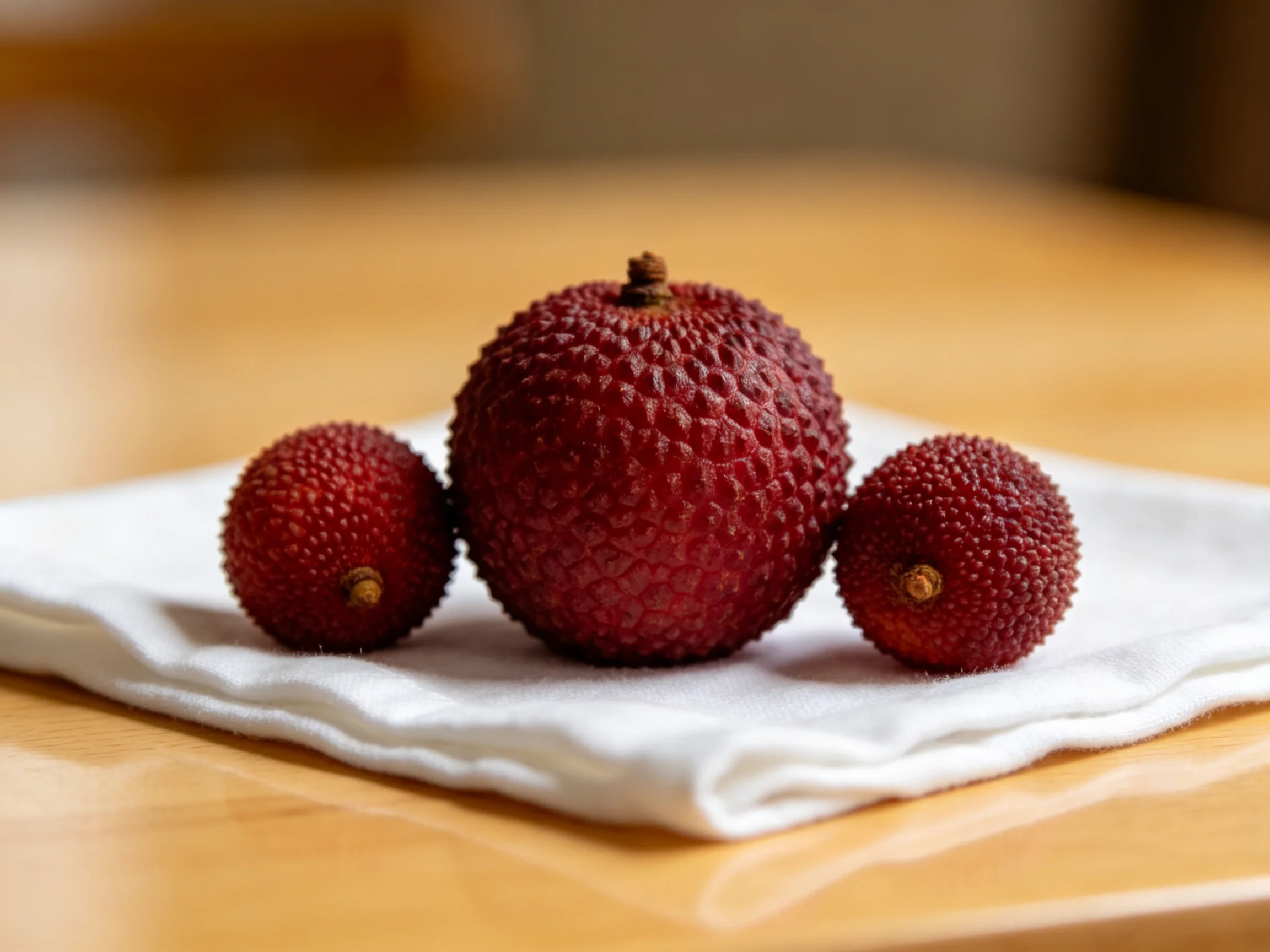 Three reddish-brown lychees with spiky skins rest on a white cloth