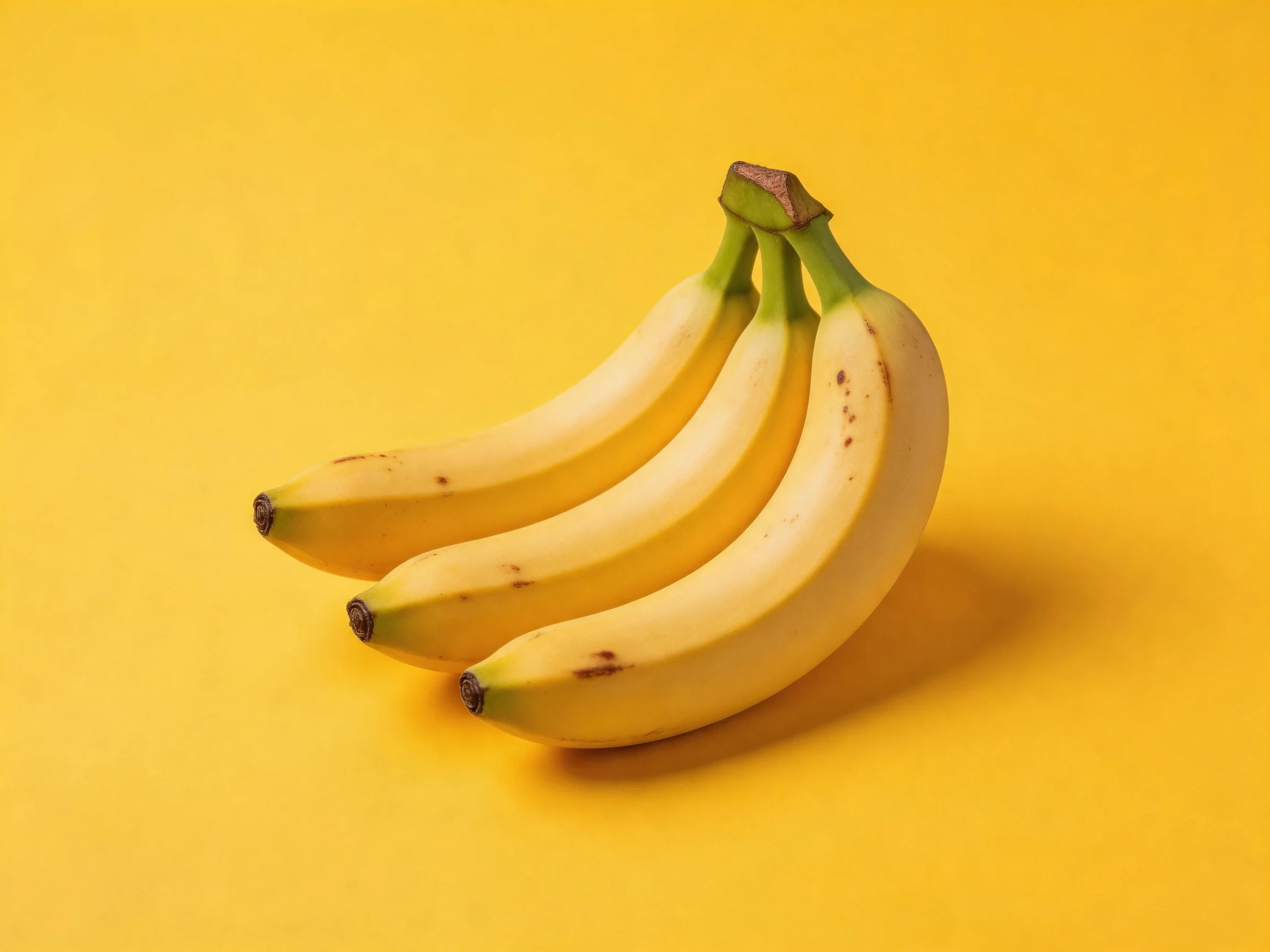 Three ripe bananas clustered on a solid yellow backdrop