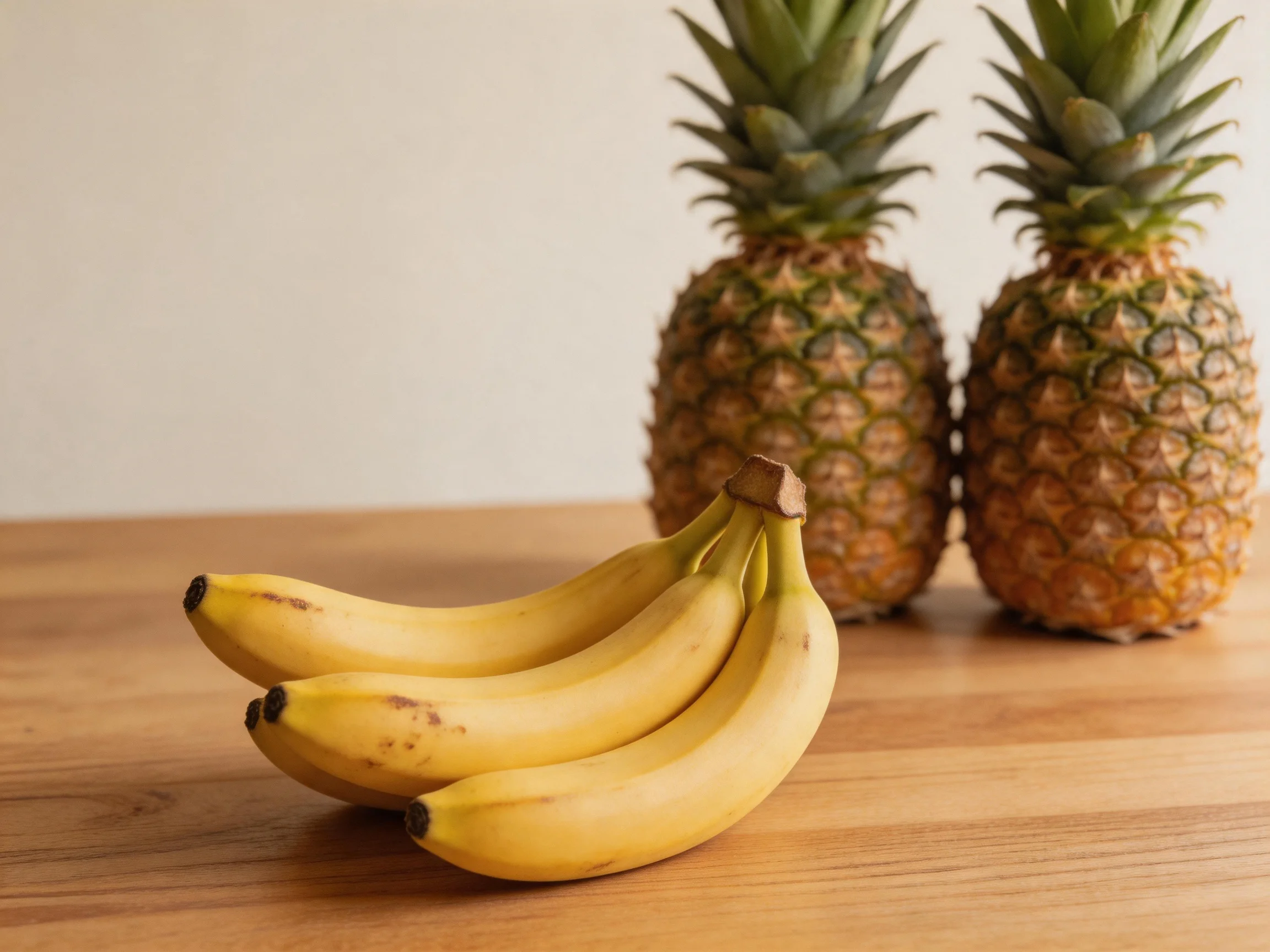 Three ripe bananas sit beside two golden pineapples on a wooden surface