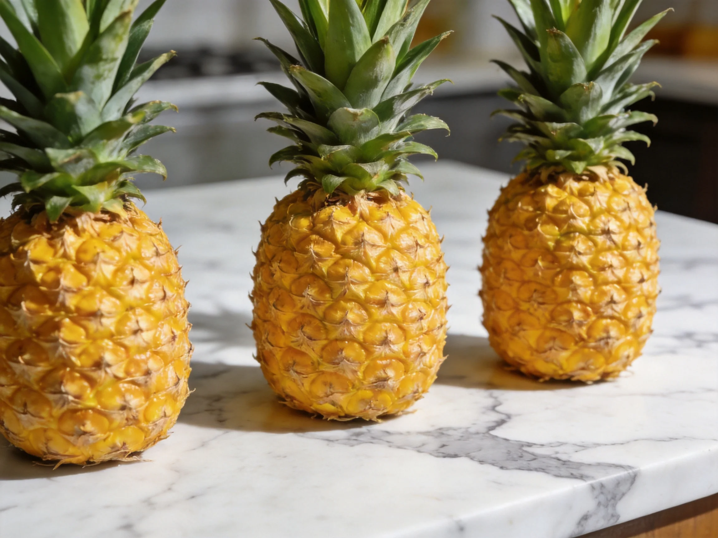 Three ripe golden pineapples sit on a white marble countertop