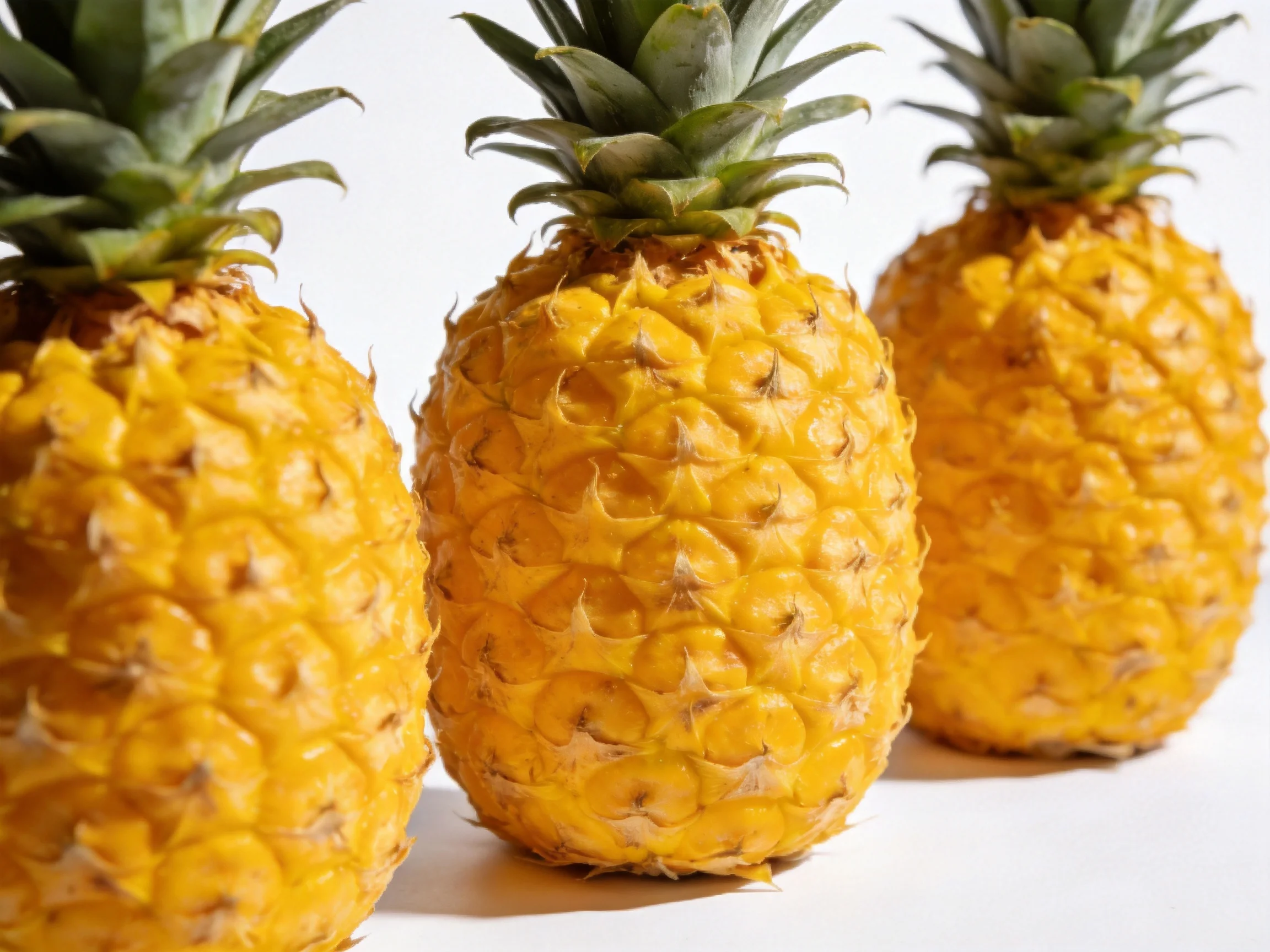 Three ripe golden pineapples with vibrant green crowns