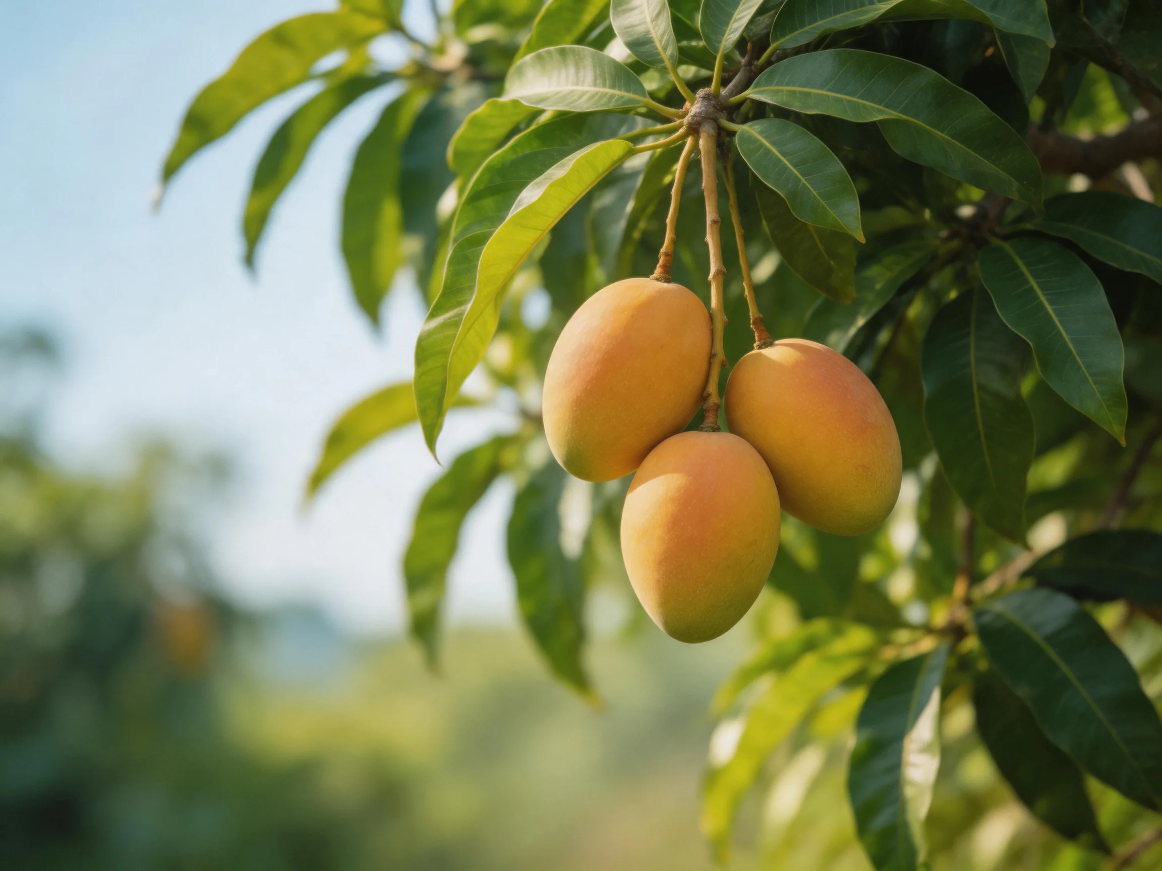 Three ripe mangoes hang from a tree with lush green foliage
