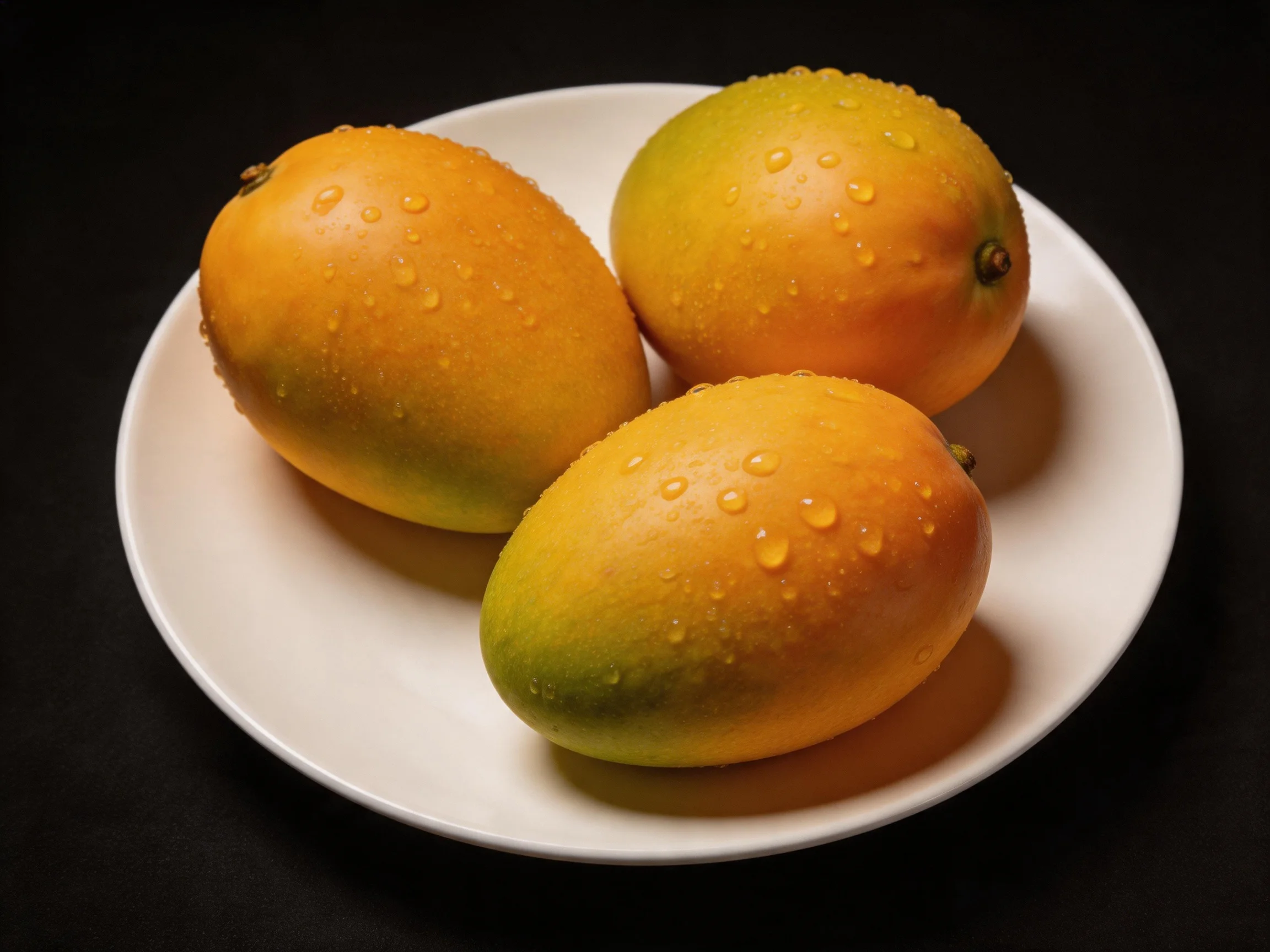 Three ripe mangoes with water droplets on a white plate