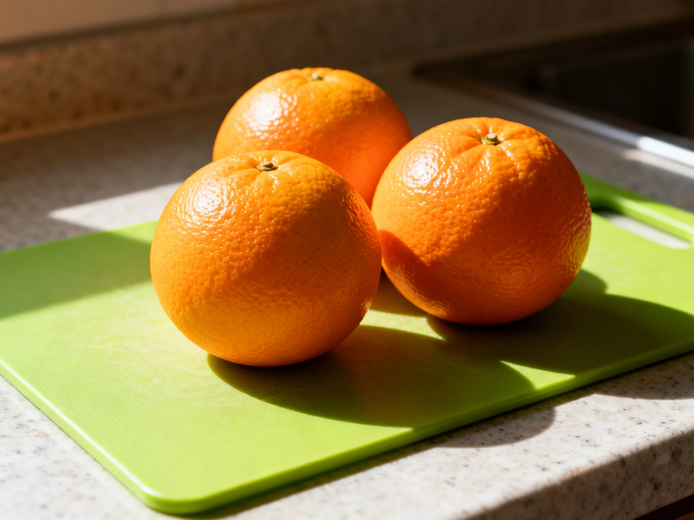 Three ripe oranges rest on a vibrant green cutting board near a kitchen sink