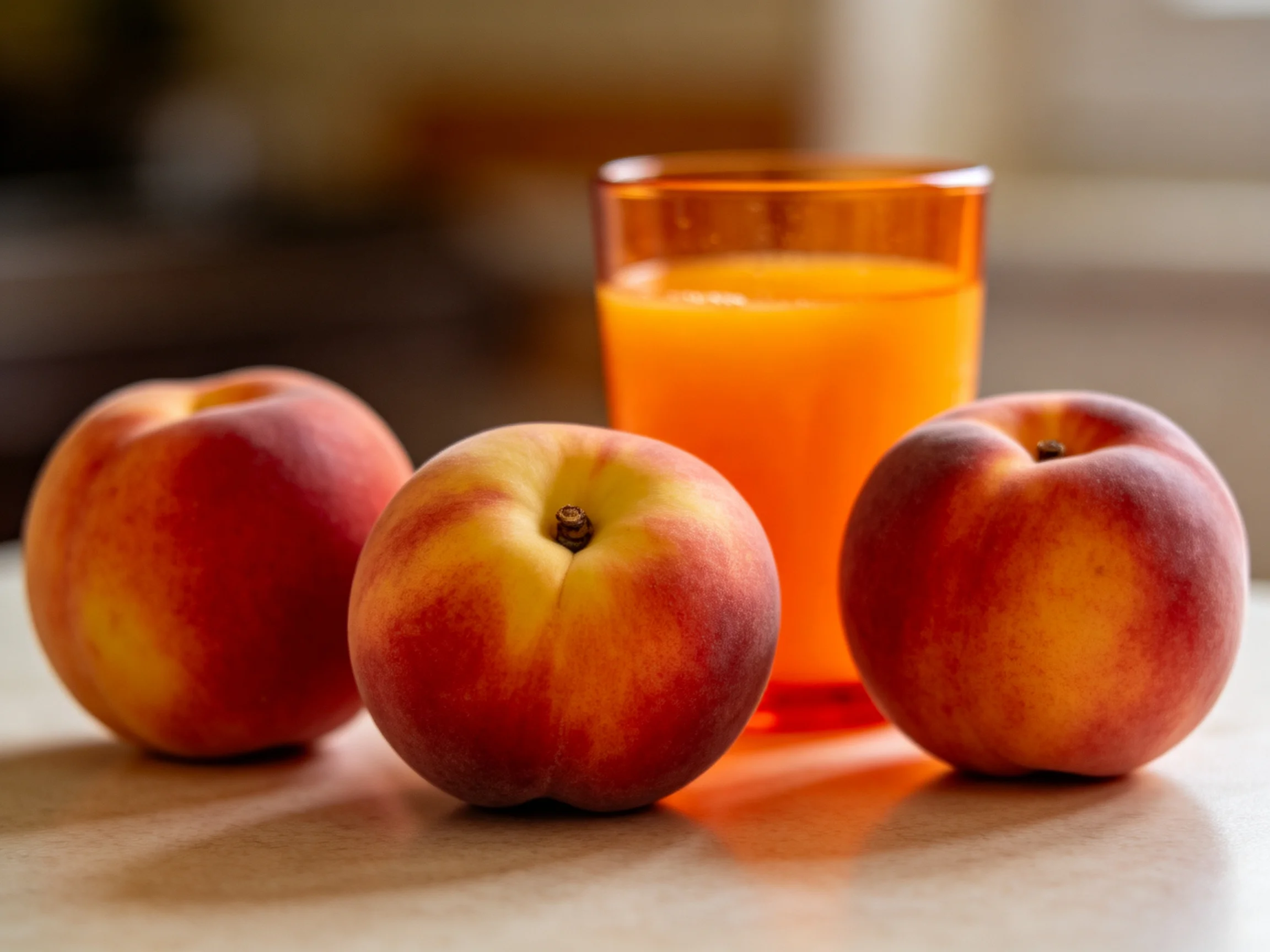 Three ripe peaches and a glass of vibrant orange juice
