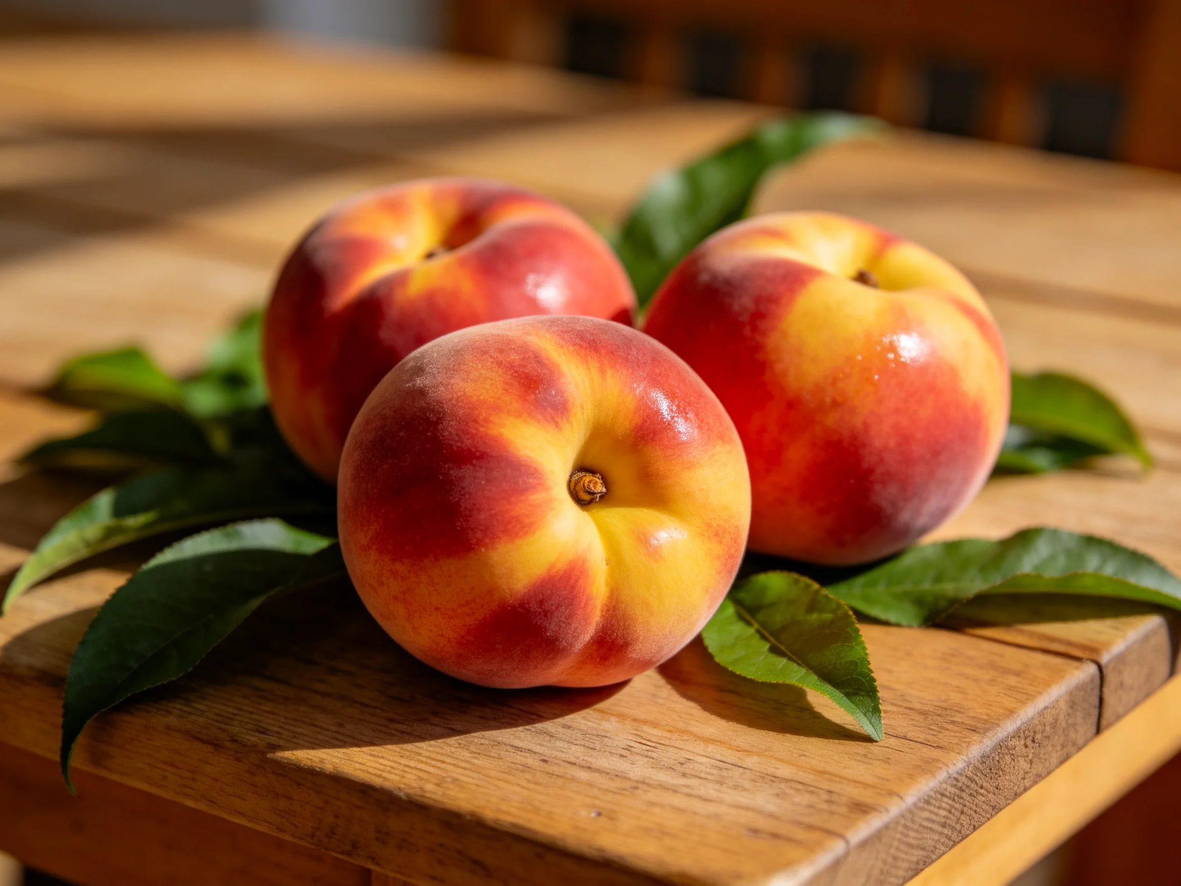 Three ripe peaches with red and yellow hues rest on a wooden table among green leaves.
