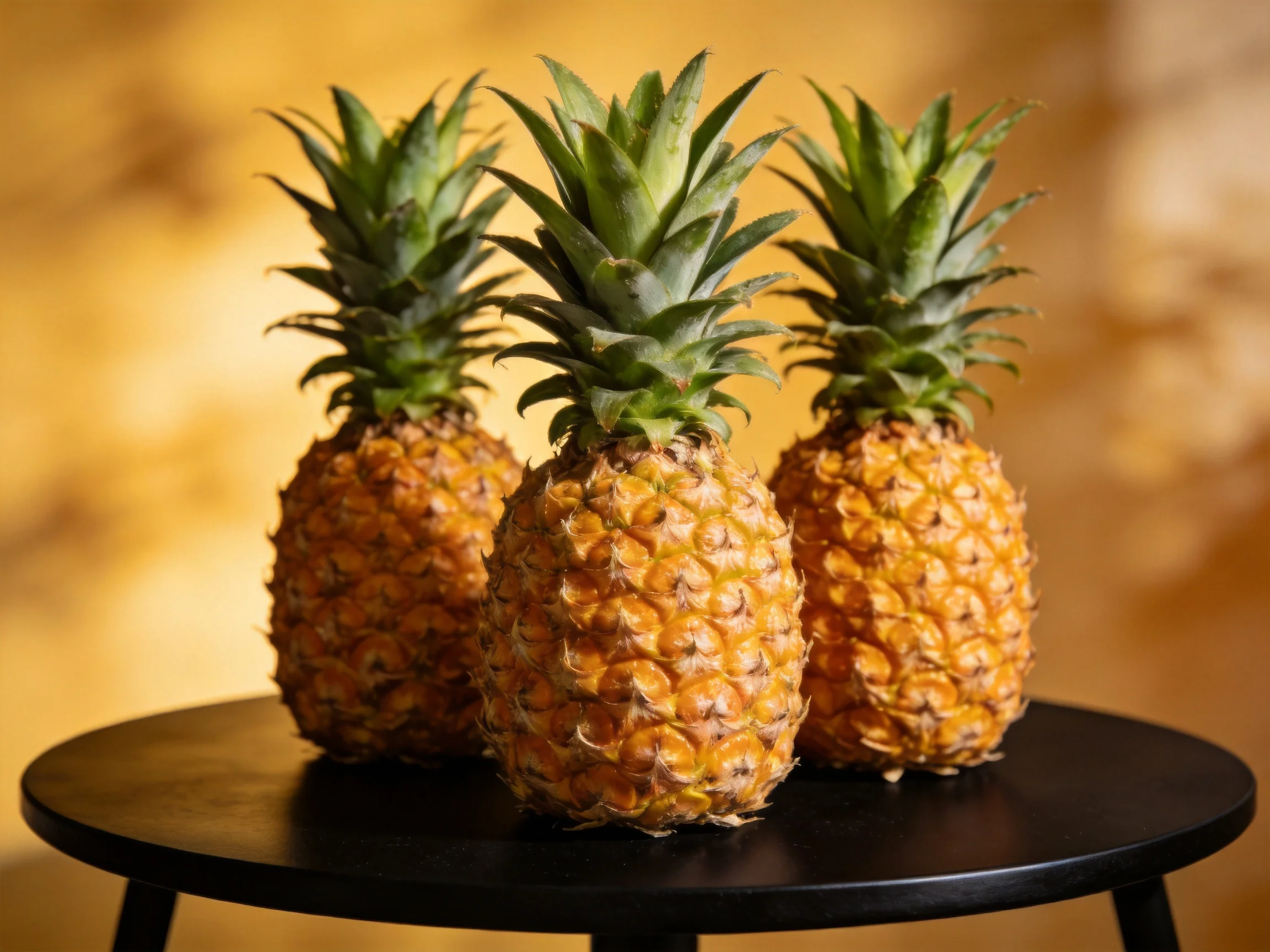 Three ripe pineapples arranged on a sleek black table against a warm golden backdrop