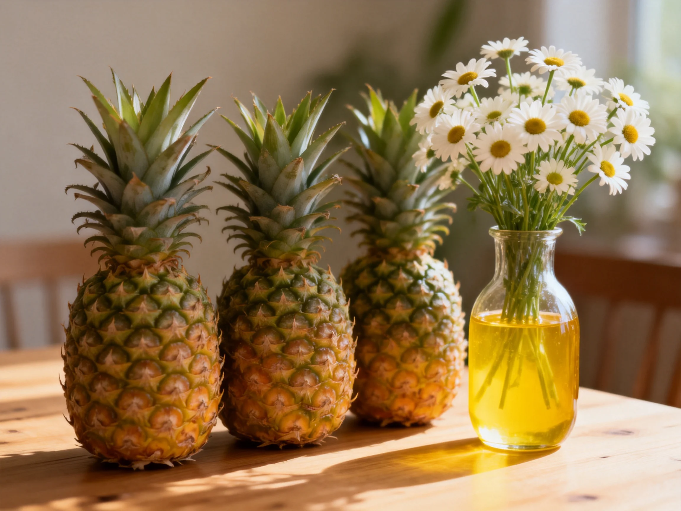 Three ripe pineapples beside a glass vase with white daisies