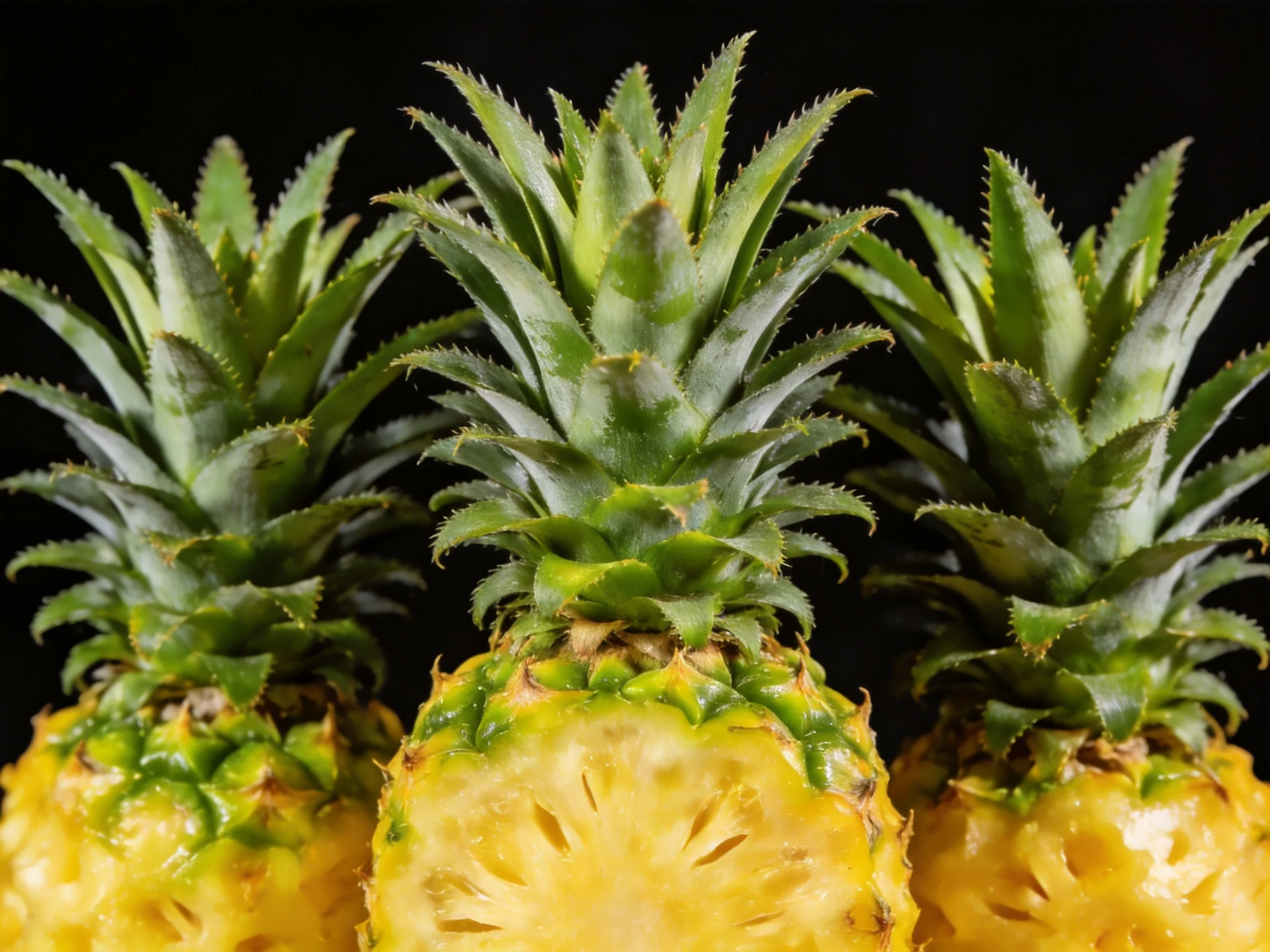 Three ripe pineapples with vibrant green crowns and golden-yellow bodies