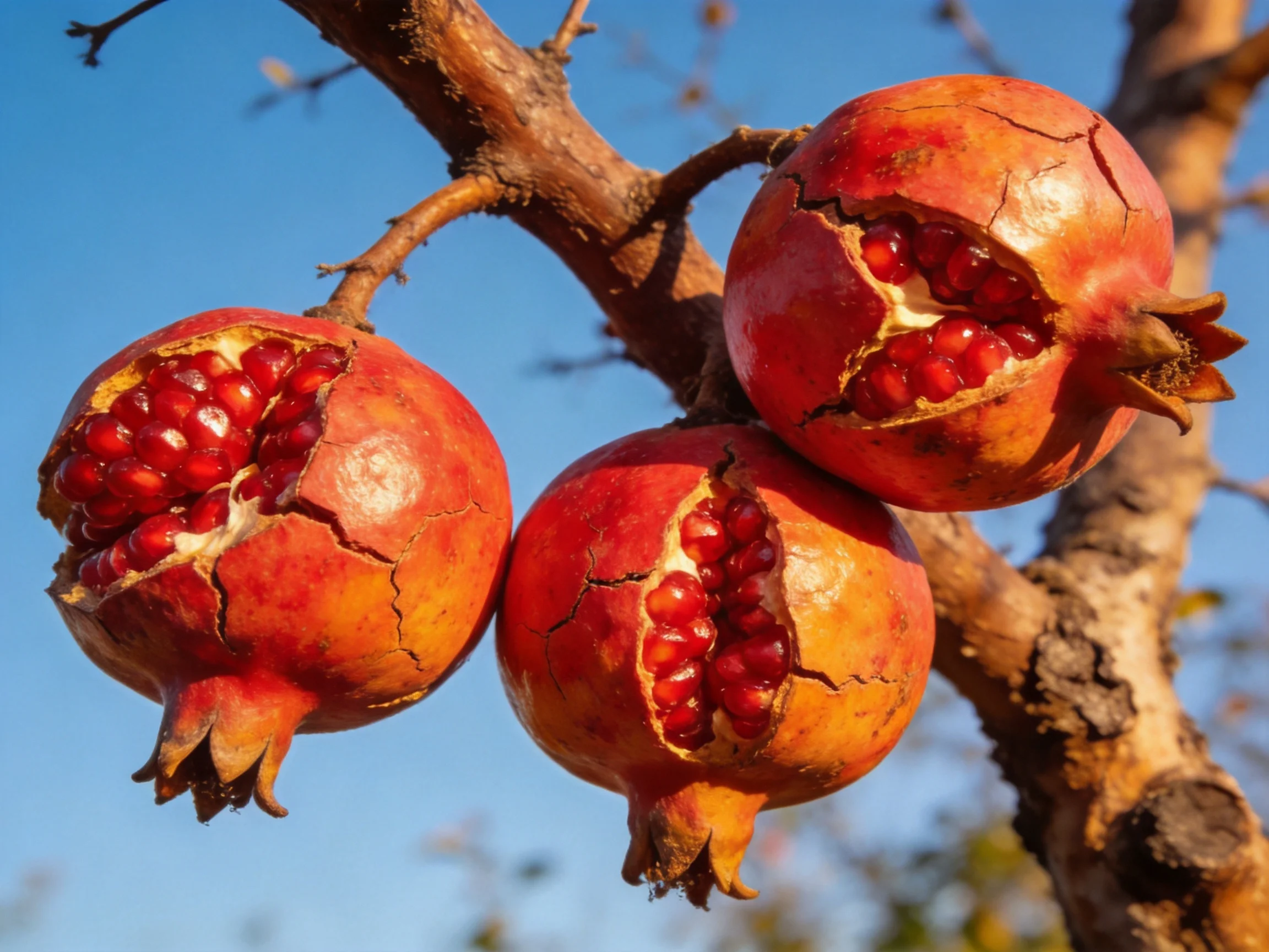 Three ripe pomegranates with cracked reddish-orange skins hang from a branch