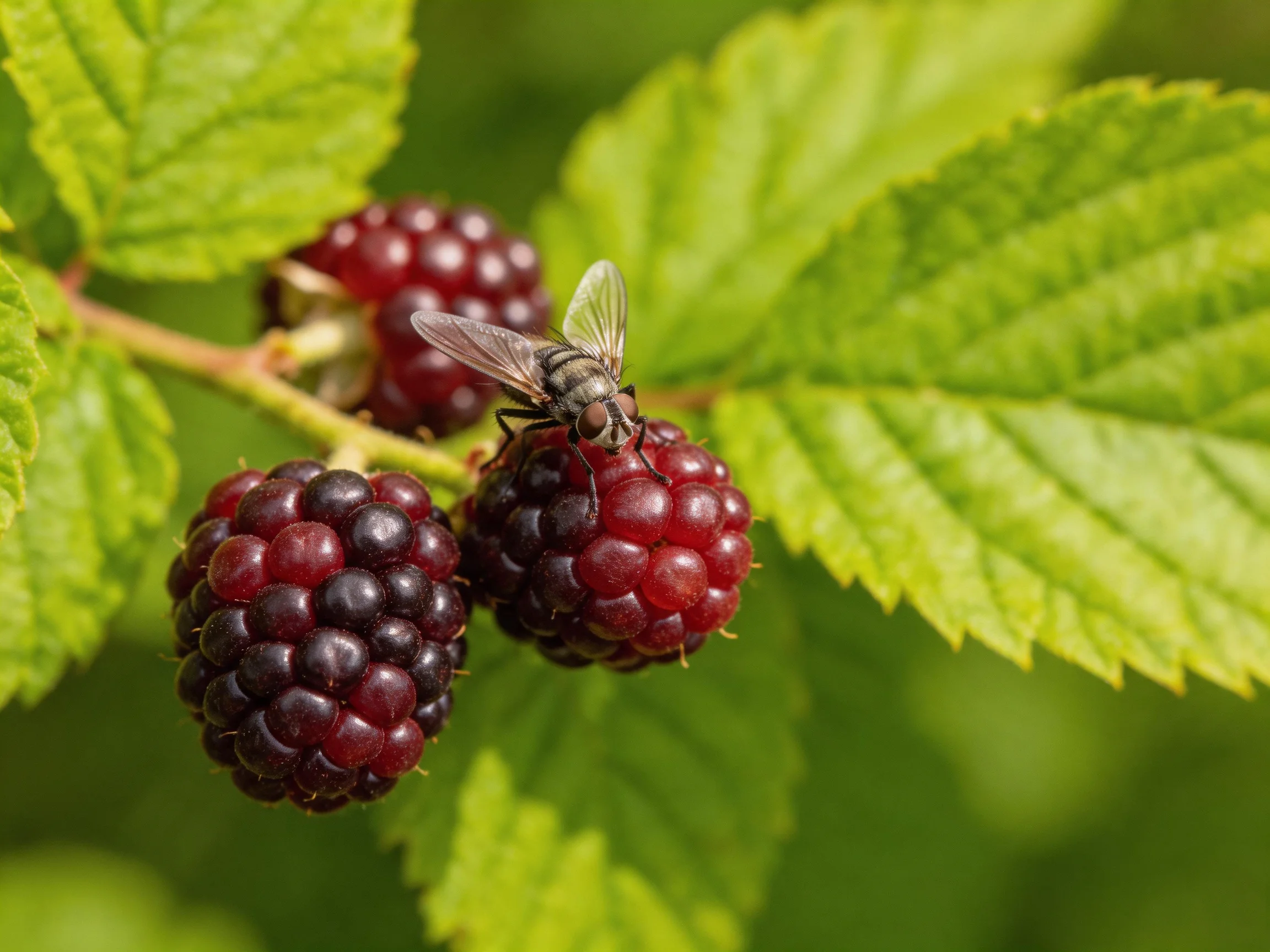 Three ripe raspberries with a fly, vibrant green leaves