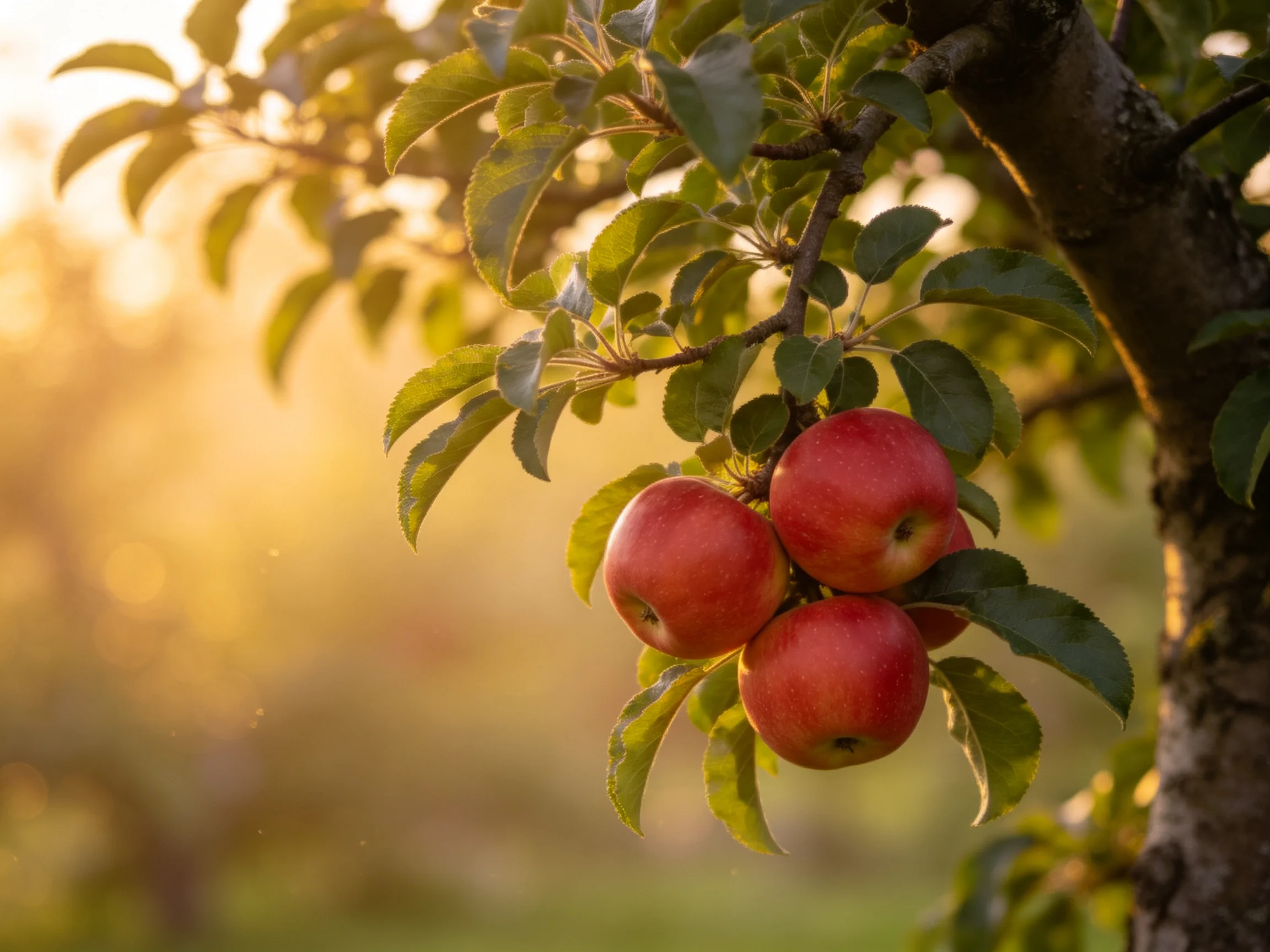 Three ripe red apples hang from a tree branch in golden sunlight