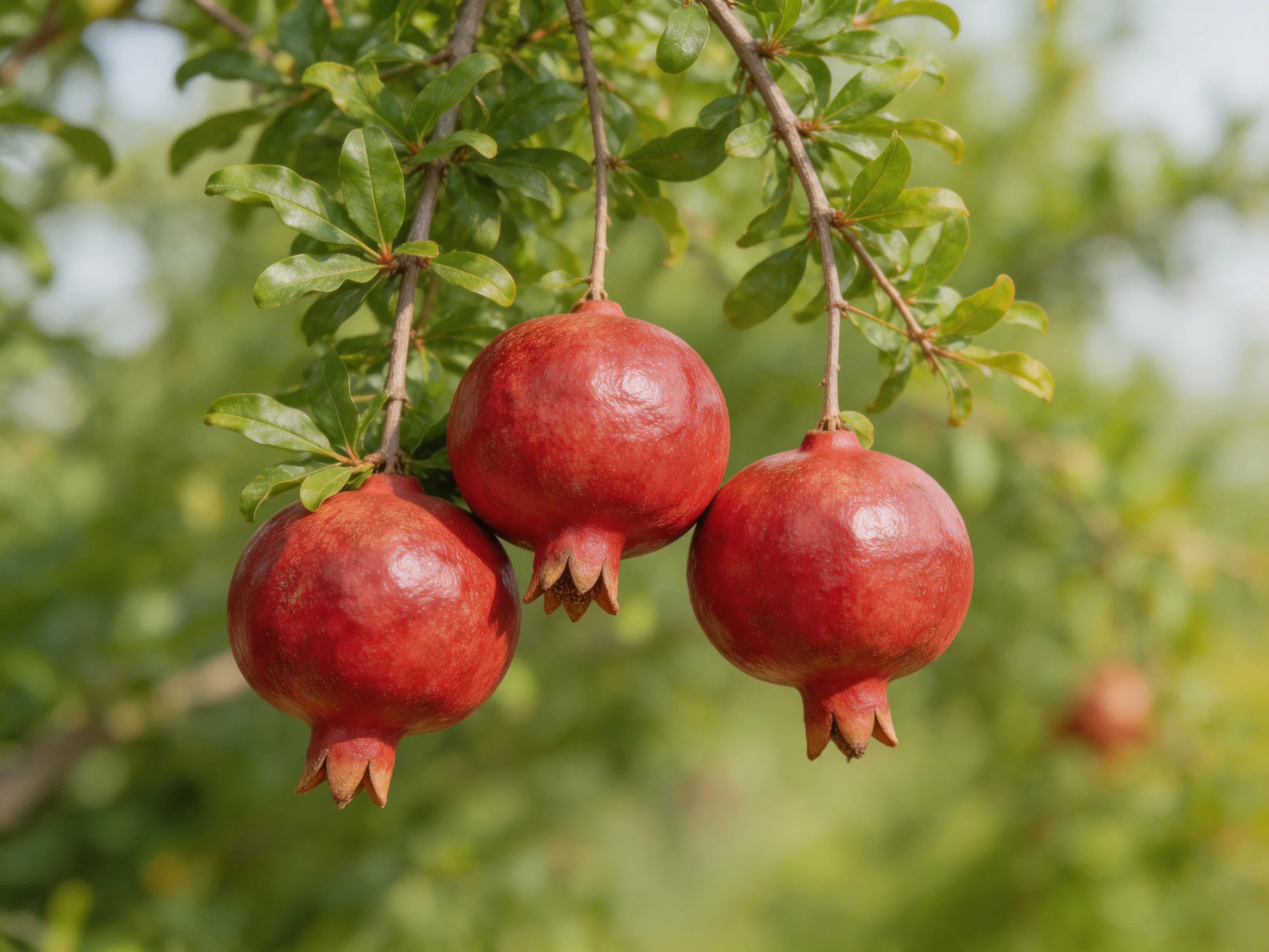 Three ripe red pomegranates hang from a leafy tree branch