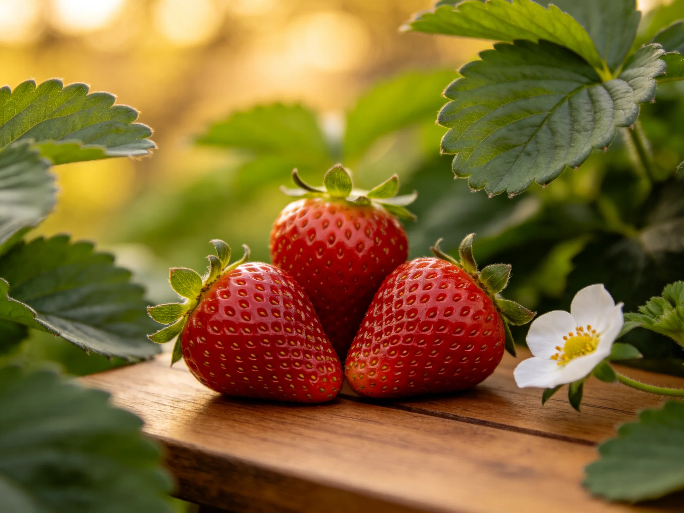 Three ripe red strawberries rest on a wooden board amid green strawberry foliage.