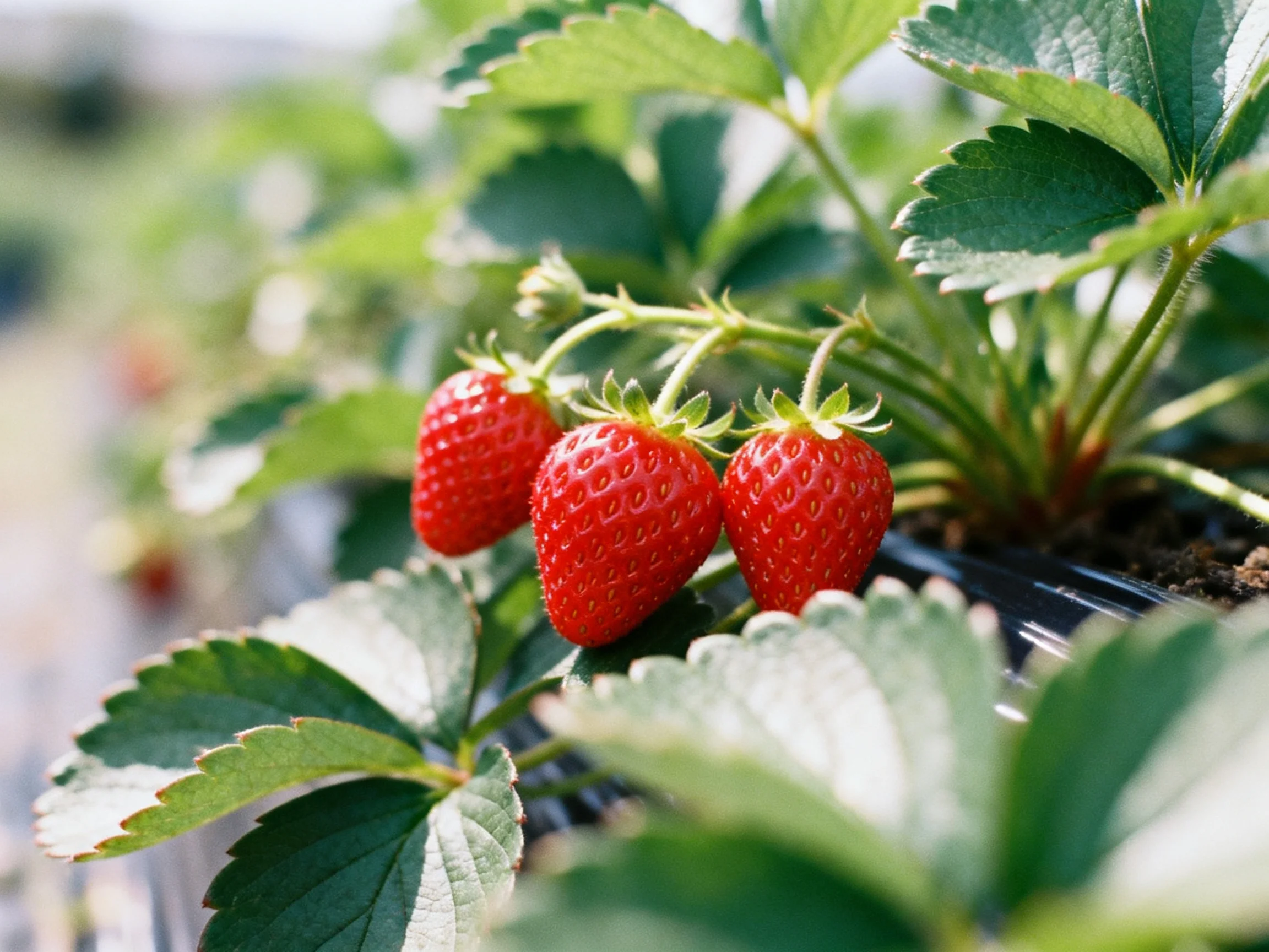 Three ripe strawberries grow among lush green strawberry plants