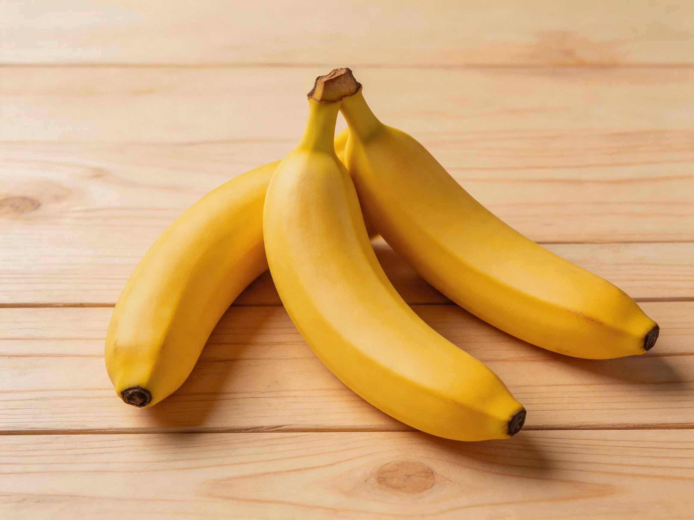 Three ripe yellow bananas arranged on a light wooden table