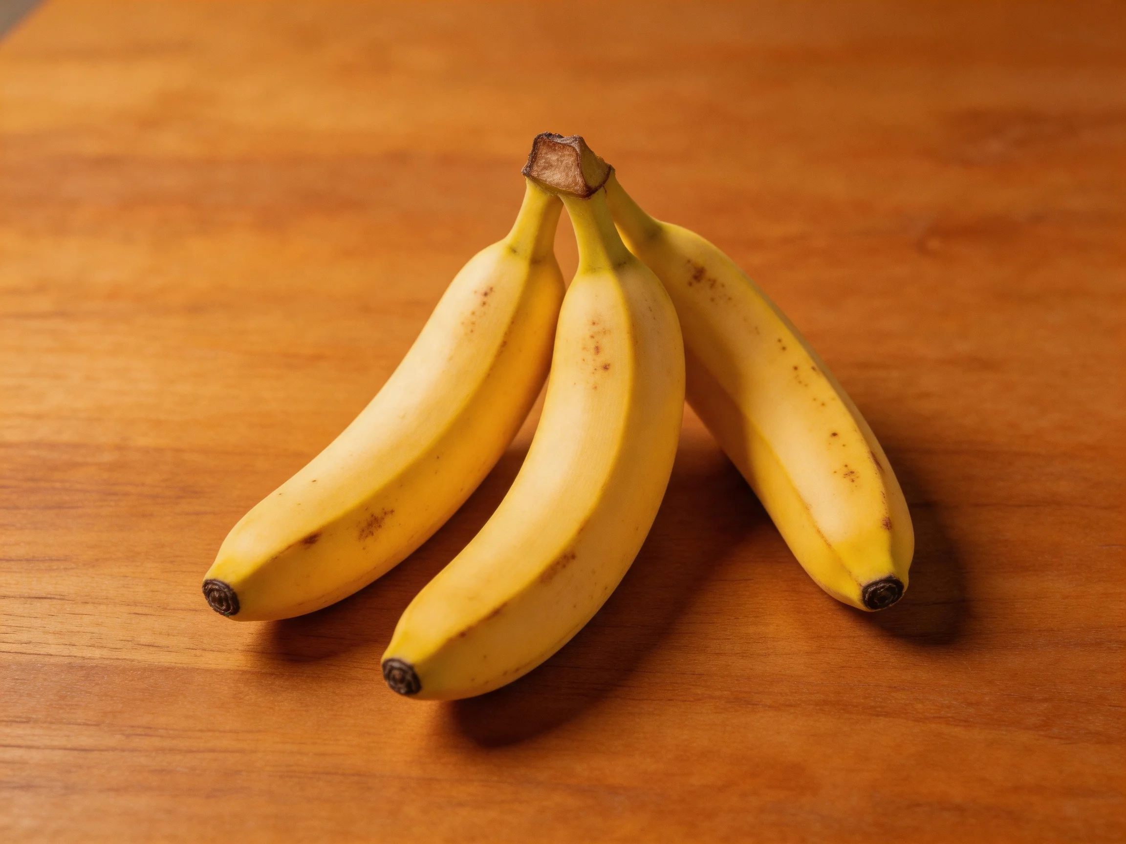 Three ripe yellow bananas clustered on a polished wooden table