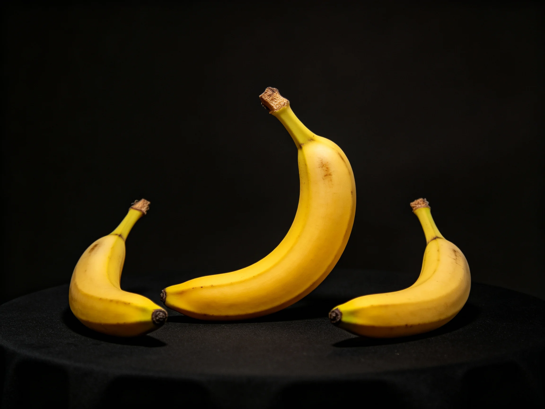 Three ripe yellow bananas of varying sizes against a black backdrop