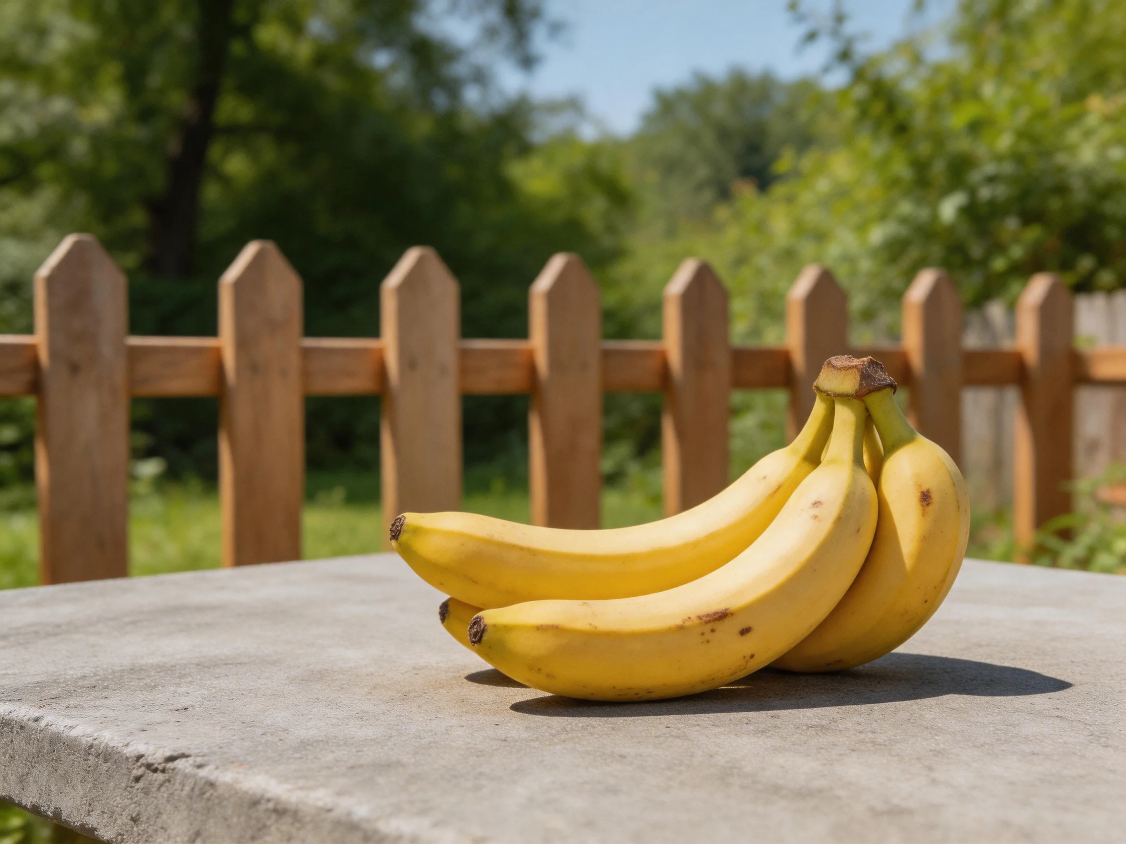 Three ripe yellow bananas rest on a concrete surface near a wooden picket fence
