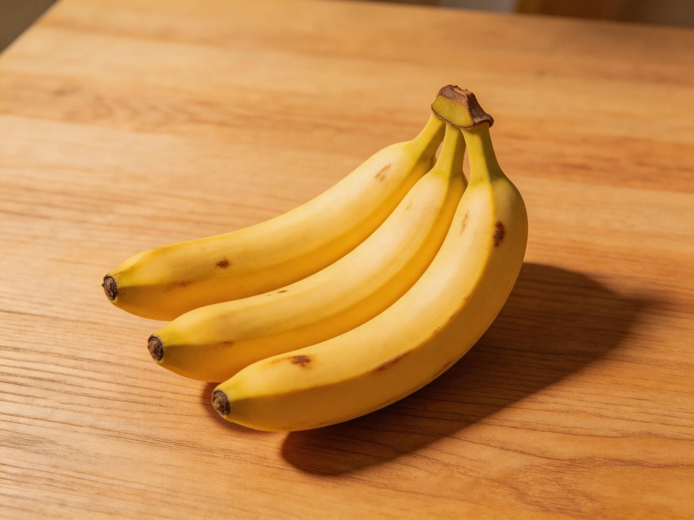 Three ripe yellow bananas rest on a polished wooden table